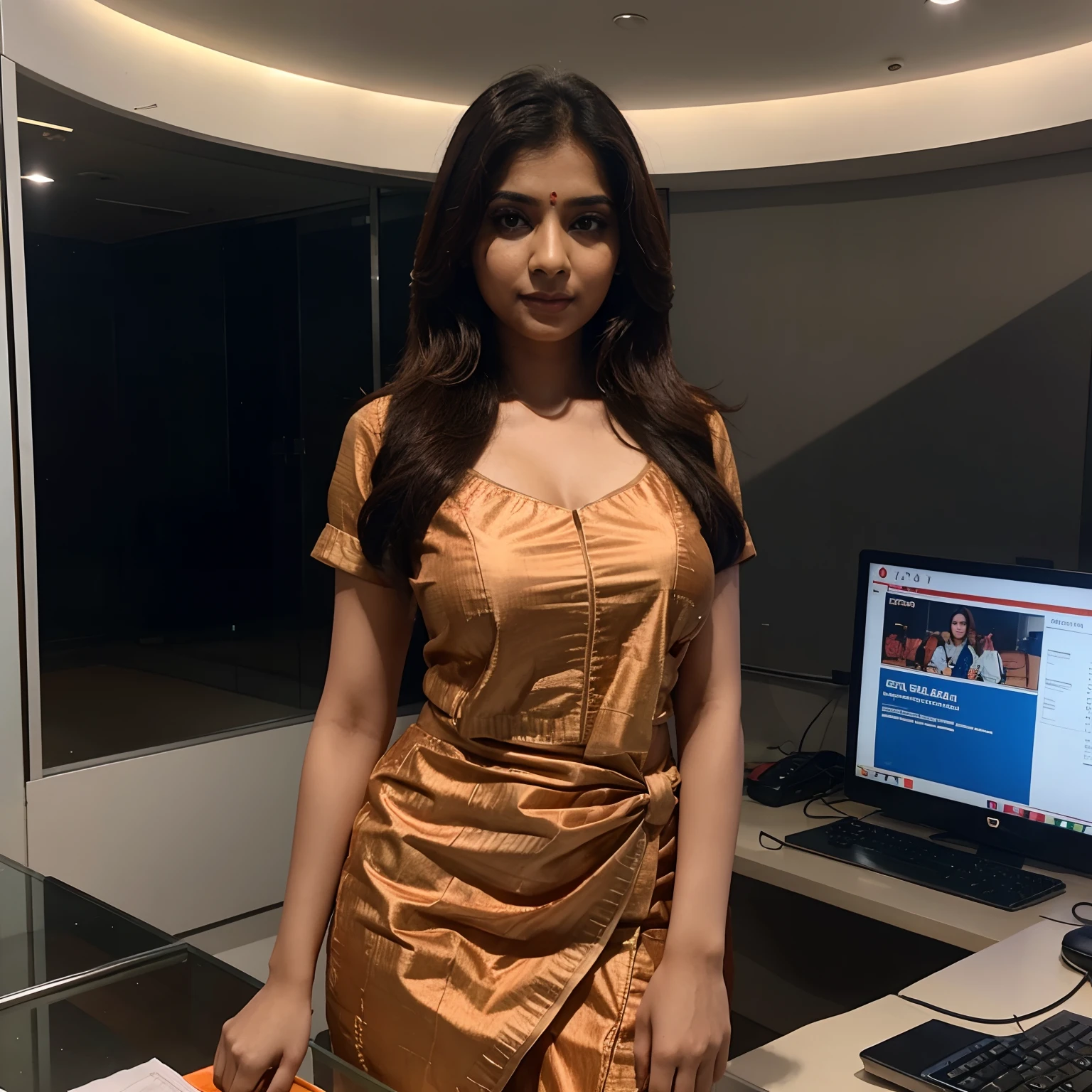 beautiful Bharat female news anchor standing at news desk facing and looking directly at camera with Indian traditional dress