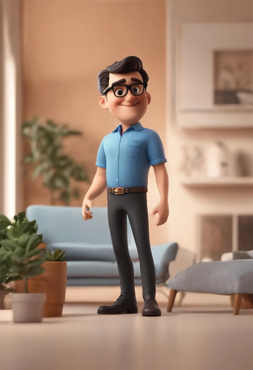 Cartoon character of a man wearing black glasses and a blue shirt, um personagem animado, Caractere estilizado, animation style rendering, 3D estilizado, Arnold Maya render, 3 d render stylized, toon render keyshot, Personagem 3D, Personagem 3D, 3d rendering stylized, 3 d character render, personagem de desenho animado, Personagem de close up, Pose de personagem, (Estilo Pixar) (master part:1.2) (Bokeh) (best quality) (pele detalhada) (textura detalhada) (8k) (argila) (Cinematic lighting) (foco nítido,Senta e vaza a parte superior do corpo