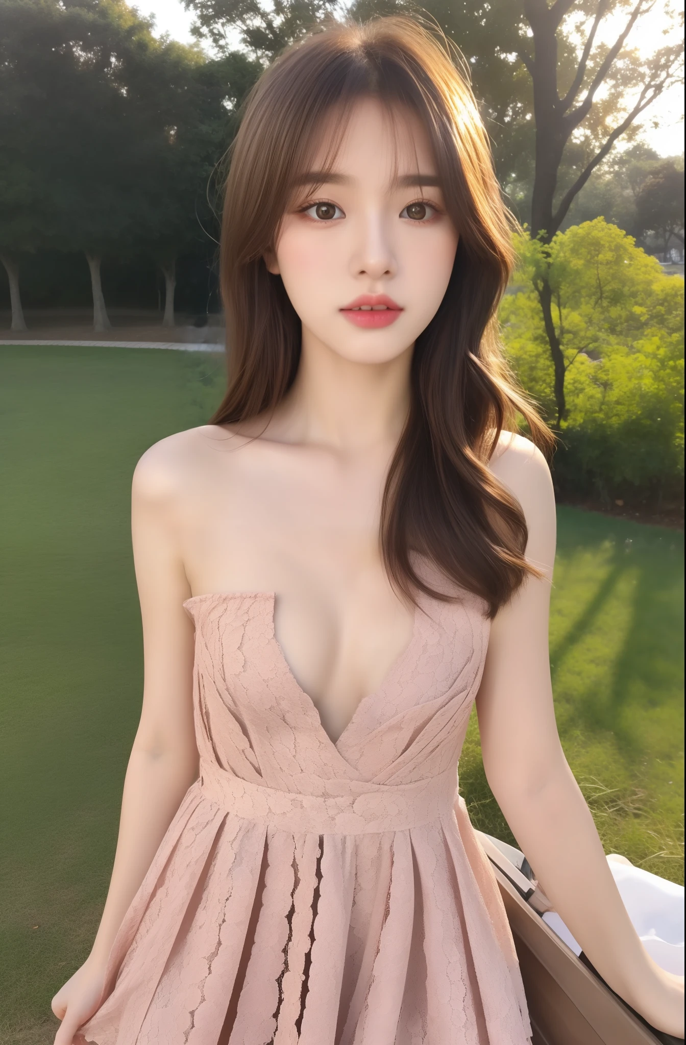 half-body photo of a young girl, (Perfect beauty:1.37), ((Platinum brown hair)), Minimum(((Perfect natural and small breasts))), Sexy collarbone, oval-face, Double eyelids, Smart peach blossom eyes, Pink lips, small nose, Bangs, Bare shoulders, Strapless(black lace short dress), (plein air, Night:1.125), Park View, Super fine face, Fine eyes, Double eyelids, (Clear focus), (Realistic lighting, Best Quality, 8K, masutepiece: 1.43),