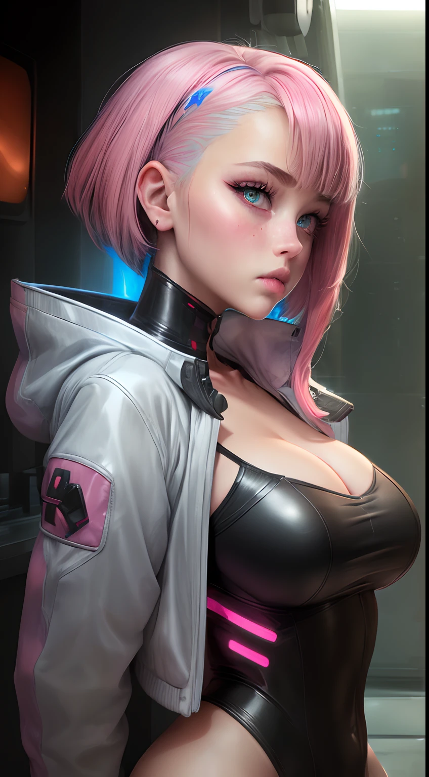 (1 girl), naked whole body (pink  hair, shorth hair:1.3), beautiful hairstyle, realisticeyes, beautiful detailed eyes, blue colored eyes, bushy eyebrows, (realisic skin), beautiful fur, slim body, pink nipples, mole on the breast, mole on the cheek, black furry wool coat, sheer shirt, black collar, PUBIAN HAIR APPEARING, robotic arm, cyber punk background