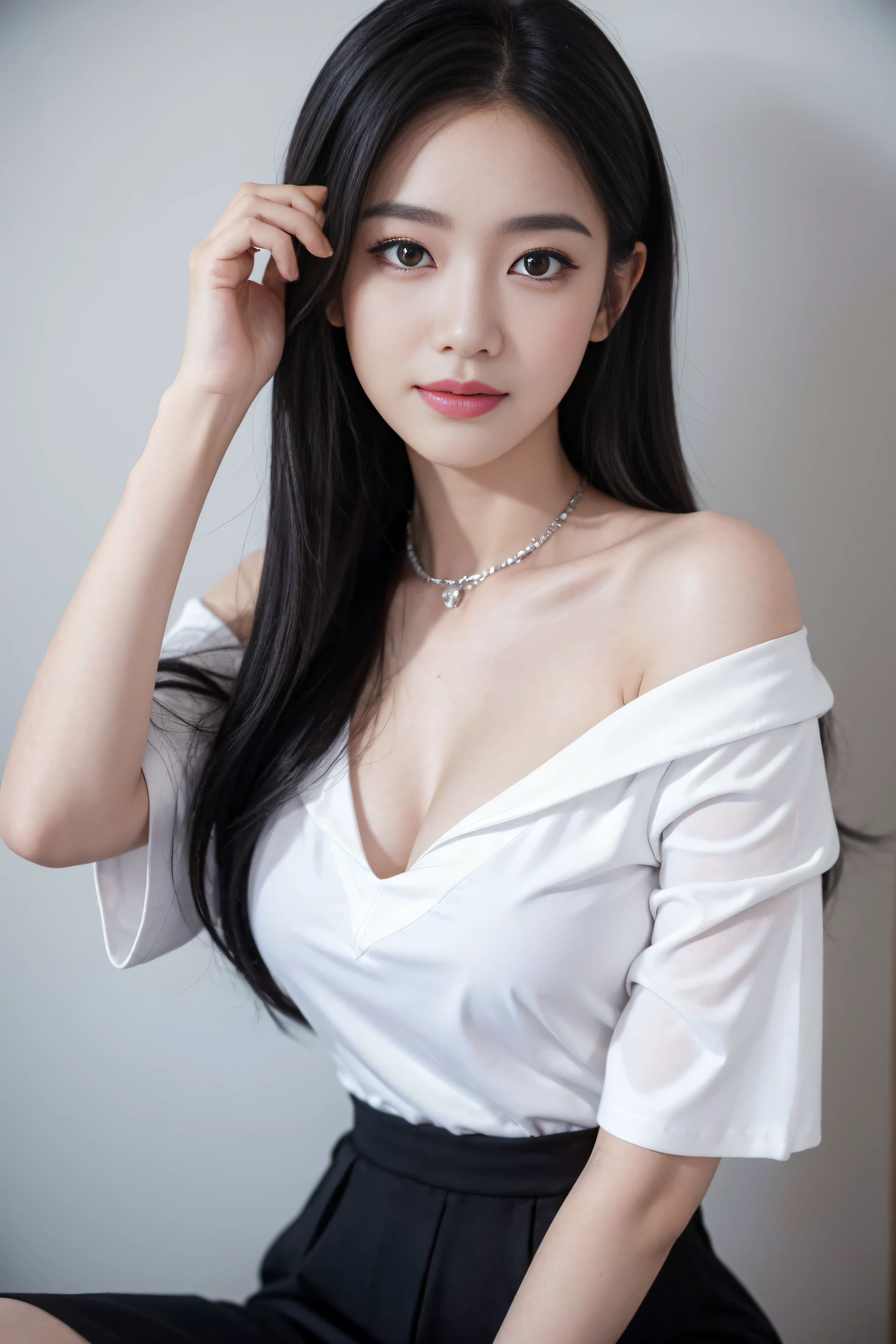 best qualtiy,super high quality,1 girll,Off-shoulder white shirt,Black tight skirt,Black collar,(Faded gray hair, tiny breasts,looking at viewer,closeup tiny cleavage,8K,a ,Sweet smile, high school girl, tri-x, ISO 400 85mm f1.2 lens, fine skin cores, high quality eye brow hairs, closeup face