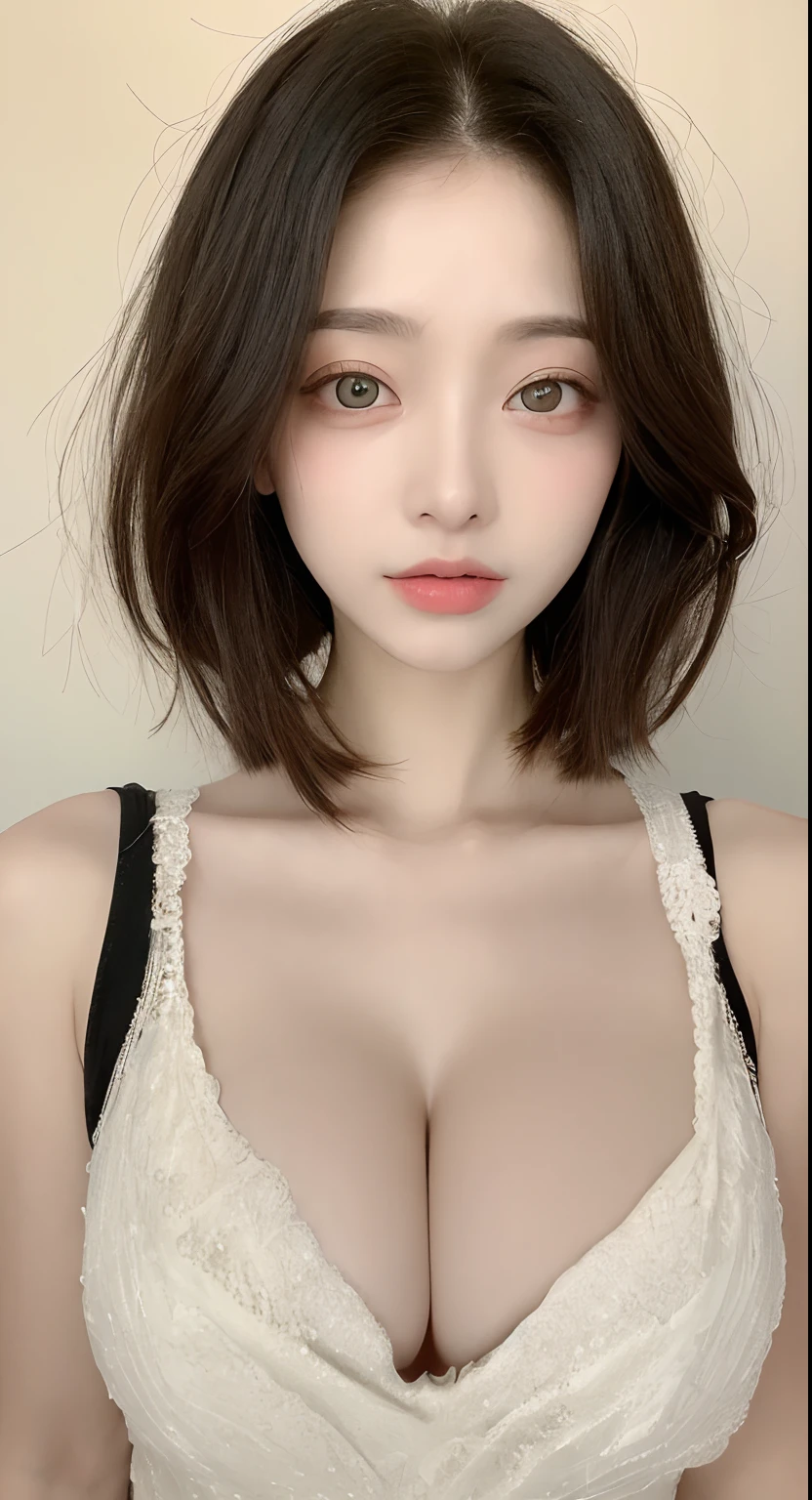 perfect figure beautiful woman：1.4，Layered Hair Style，Protruding cleavage：1.2，offcial dress：1.5，Highly Detailed Face and Skin Textur，Narrow eyes，二重まぶた，Whitens the skin，short detailed hair，full bodyesbian