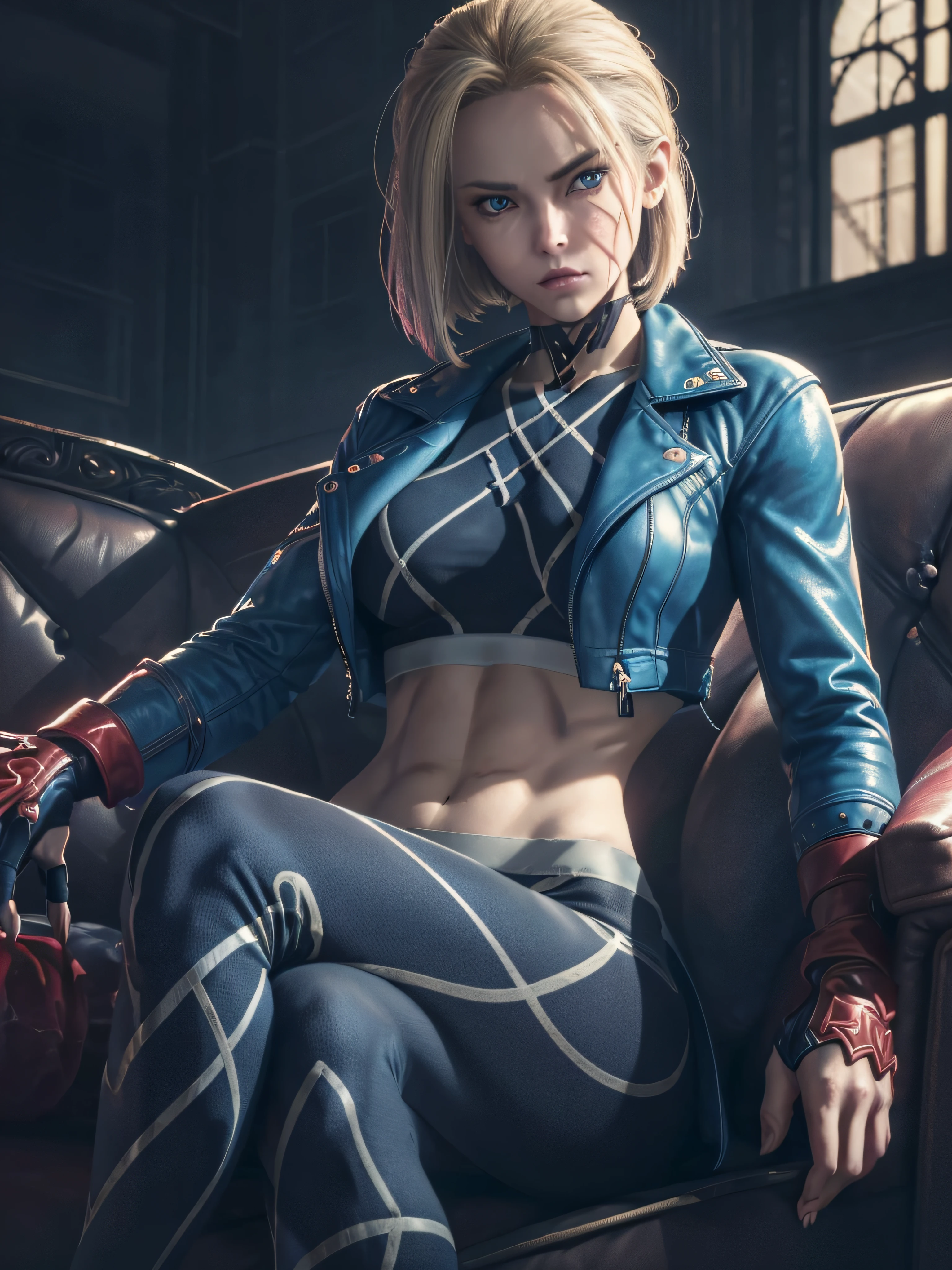 "(exquisitely detailed CG unity 8k wallpaper, masterpiece-quality with stunning realism), (best illumination, best shadow), (best quality), (elegant and demonic style:1.2), Arti modern anime. angled view, heroic pose, closeup full body portrait medium shot of cammy, navy blue sports bra, light blue open jacket, navy blue yoga pants, red gloves, Abdominal muscle, muscle, (eyes looking at viewer:1.0), abs, depth of field blur effect, night, full zoom, action portrait, photorealistic. cinematic lighting, highly detailed. best quality, 4k, Better hand, perfect anatomy, leaning forward, foreshortening effects, (cute coy flirty sexy expression), foreshortening effect, (piercing eyes:0.8), surrounded by an ominous and dark atmosphere, accentuated by dramatic and striking lighting, imbued with a sense of surreal fantasy", (mature:0.5) (sitting on a sofa sophisticated crossed legs:1.6) (inside MI6 headquarters:1.5) (alone:1.5)