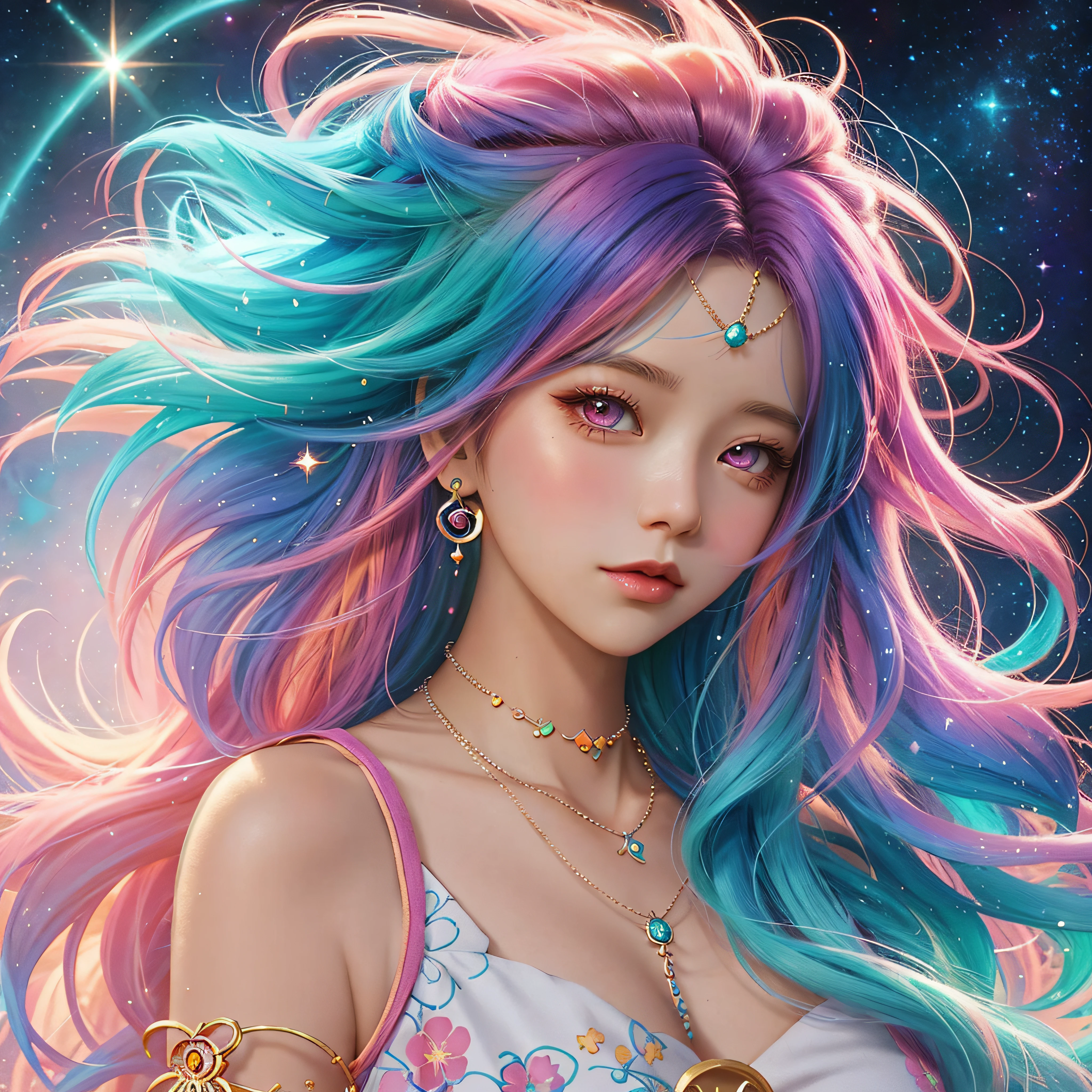 Close-up of a woman with colorful hair and necklace, anime girl with cosmic hair, The soft vibrancy of Ross Dres, Gviz-inspired artwork, Fantasy Art Style, Colorful]", vibrant fantasy style, rossdraws cartoon vibrant, Colorful, guweiz, colorfull digital fantasy art, stunning art style, beautiful anime style, Glowing hair、huge udder