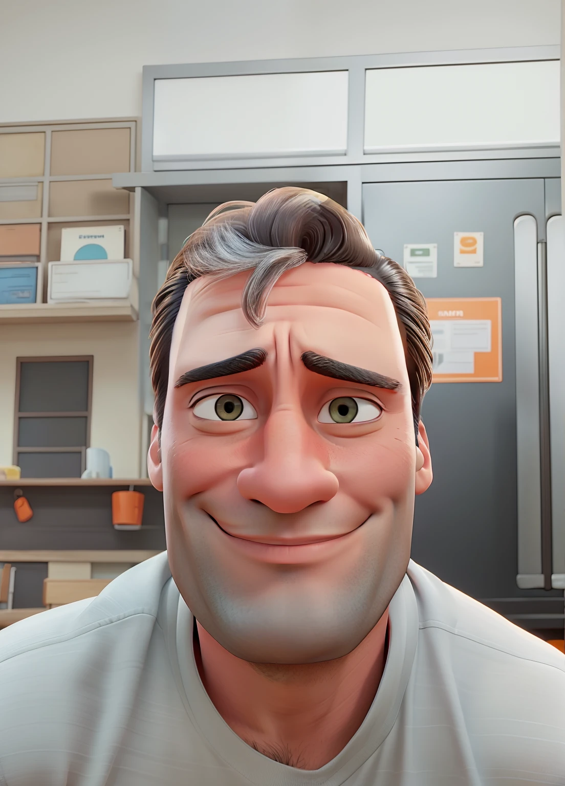 Jon Hamm, Cartoons in orange shirt and black pants, arms crossed, olhando para frente e sorrindo com os dentes aparecendo;