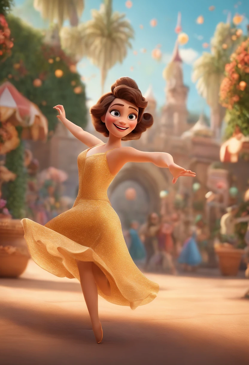 "(best quality,ultra-detalhado,Realistic:1.37),3D rendering,illustration,design de personagens,cabelos curtos e cacheados escuros,belos olhos detalhados,wearing white glasses,Estilo Pixar,morena mulher,Dancing on the Disney stage,atmosfera animada,vivid colors,luzes de palco,expression joyful"