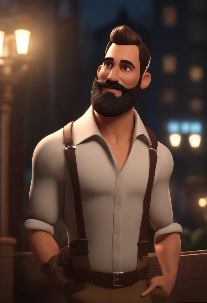 Personagem de desenho animado de um homem com camisa polo preta, cabelo liso, With beard and old school tattoo on his arm, animation character, Caractere estilizado, animation style rendering, 3D estilizado, Arnold Maya render, 3 d render stylized, toon render keyshot, Personagem 3D, Personagem 3D, 3d rendering stylized, 3 d character render, personagem de desenho animado, Personagem de close up, Pose de personagem, (Estilo Pixar) (master part:1.2) (Bokeh) (best quality) (pele detalhada) (textura detalhada) (8k) (argila) (Cinematic lighting) (foco nítido