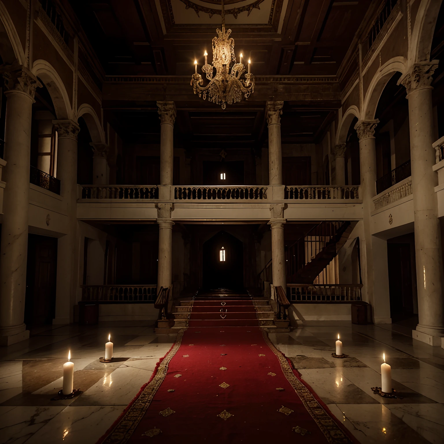 Escadaria de um castelo assombrado, com tapetes vermelhos rasgados, large floor-to-ceiling windows, candelabro em queda, Abandoned coffin, ambiente mal iluminado, candles scattered on the floor, Marmore Flat, Large hall with very high ceilings, Assombrando