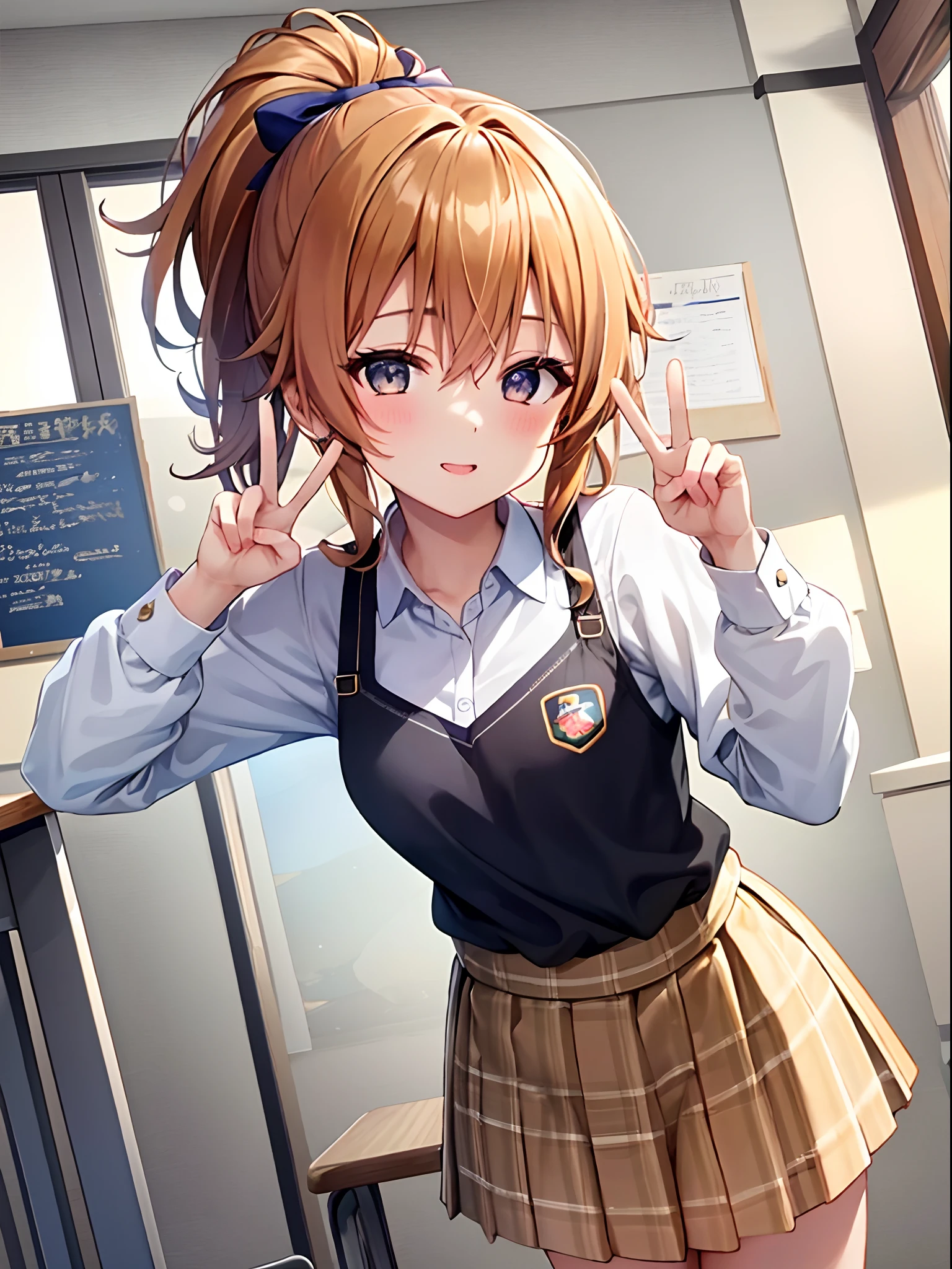 An ultra-high picture quality、(​masterpiece)、1girl in、[3D images:1.5],Attractive eyes、Cute Peace Sign、Standing、(​masterpiece:1.6、top-quality)、(Beautiful Eyes of Details:1.2)、(kanata_konoe:1.1), , girl with light brown eyes, flaxen single ponytail,, Wearing a school uniform, The scene is a classroom.