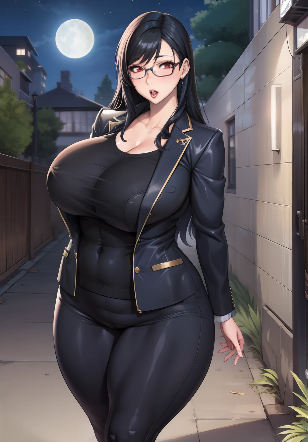 Anime - style image of a woman in a black suit and glasses walking on the sidewalk, anya from spy x family, Chic, (SFW) safe for work, marin kitagawa fanart, Seductive Anime Girl, anime moe art style, fully - clothed!!!, Commission for high resolution, oppai proportions, high detailed official artwork, with a big chest, Voluptuous body, curvy body, Tifa Lockhart, Naughty anime style, plus size model, Scruffy body,Erotic cartoon style body, Married woman's big ass,Eros of a married woman, Married woman style, Married woman atmosphere