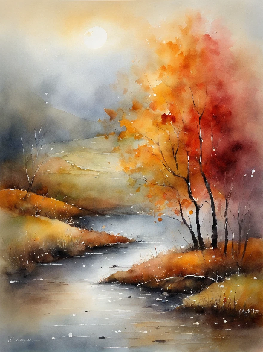 Watercolor painting depicting the song 4 seasons of the year (inverno,outono, 夏天 & primavera) do compositor Vivaldi: : trending on ArtStation: : Simple composition creates a sense of order and harmony. A pintura captura as qualidades espirituais do mundo natural. --uplight --ar 9:16, cores vibrantes