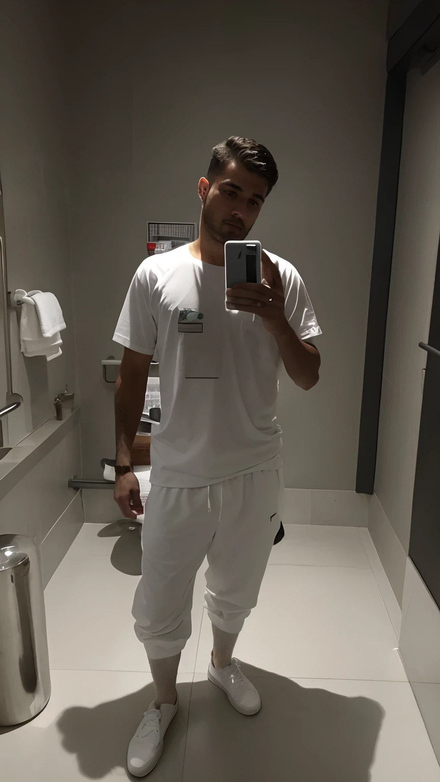 There's a man taking a picture of himself in a bathroom, imagem de corpo inteiro, no banheiro, tiro de corpo inteiro!!, corpo inteiro!!, tudo branco, selfie espelho, tiro longo de corpo inteiro, vestindo um baggy, corpo inteiro!, wearing pants and a t-shirt, em um banheiro, tiro de comprimento de corpo inteiro, vestido com uma camiseta branca, corpo inteiro!!!