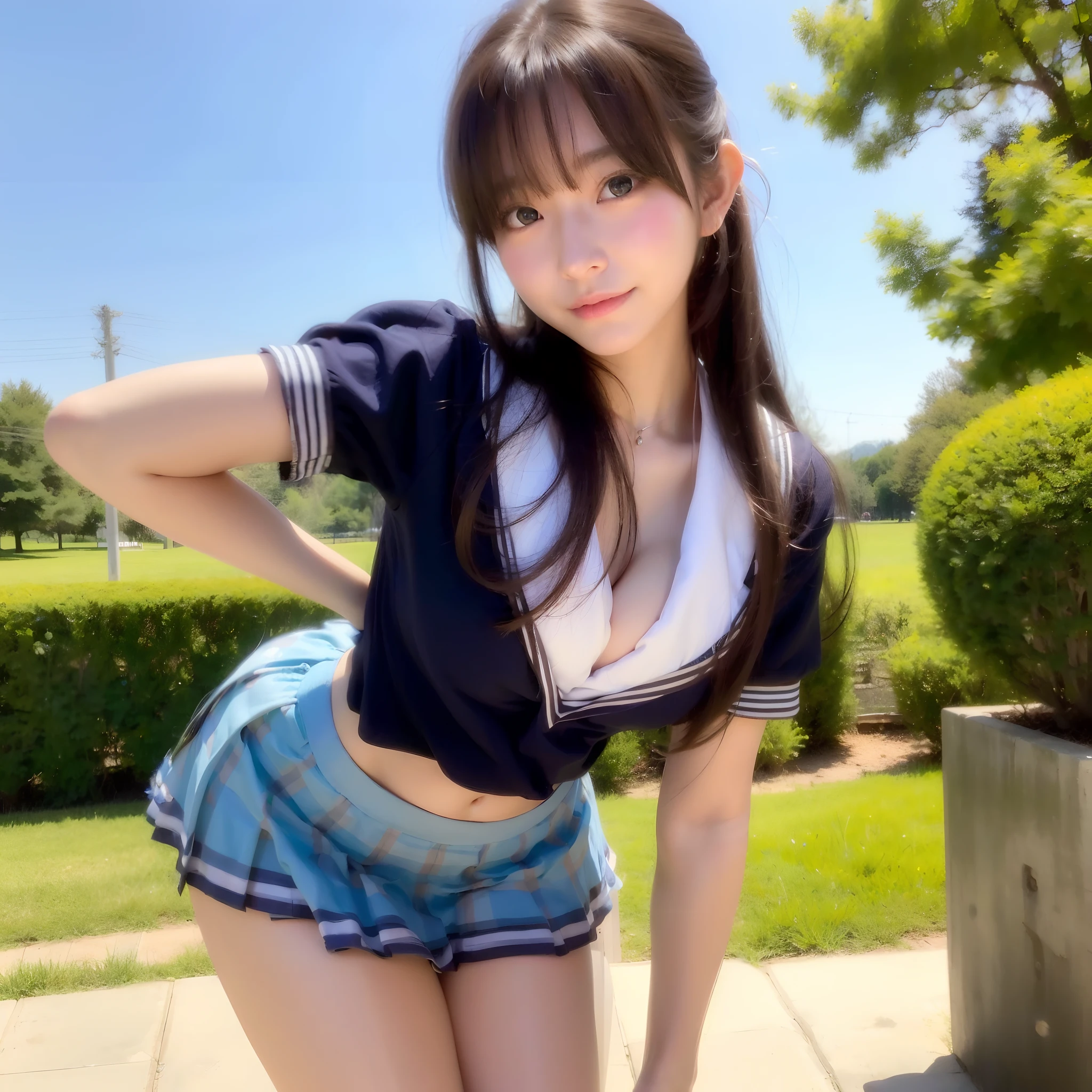 (​masterpiece), (top-quality), (school girl uniform:1.5), (Ultra short skirt:1.5), (Ultra short uniform:1.5), (blushed face:1.3), (barechested:1.3), (Spilling boobs:1.4), (realistic:1.5), 1 , precise small hands, Embarrassed look, Smile, extremely cute girl, s, Shining eyes, small breast, side boob is visible, cleavage of the breast is visible, The buttocks is visible, The crotch is visible, No pubic hair, The beautiful skin, ultra-definition, Top resolution, golden hair, in the park