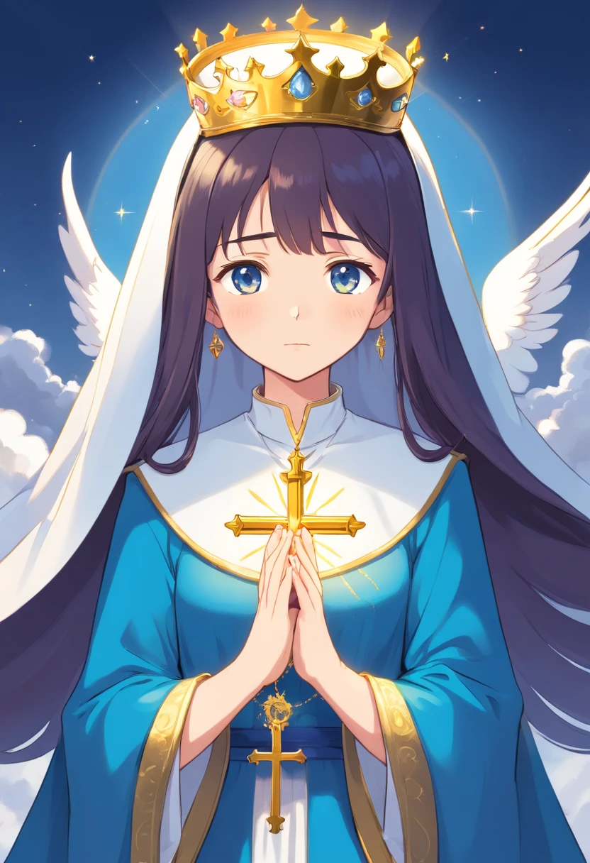 fundo branco, Our Lady of Fatima. Serene face and his eyes are closed and express calmness and pity. Dark hair but all covered by the long white veil that falls over her shoulders. seu manto branco que cobre todo o corpo (except the hands and feet) com detalhes dourados nas bordas (no colarinho e na cintura). Your necklace is a miraculous medal. He wears a gold Marian crown on his head (que tem uma cruz no topo). Her hands are praying and holding a Rozário (contas brancas e uma cruz dourada). She is standing in a prayer position. Her feet are bare in a white novem. The cloud is on top of a small bush-like tree, vector illustration, vector illustration