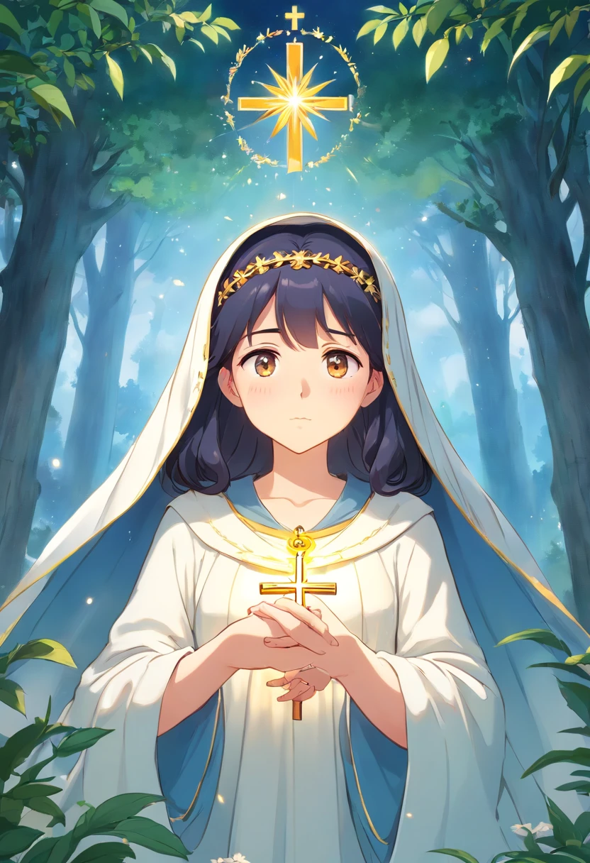 fundo branco, Our Lady of Fatima. Serene face and his eyes are closed and express calmness and pity. Dark hair but all covered by the long white veil that falls over her shoulders. seu manto branco que cobre todo o corpo (except the hands and feet) com detalhes dourados nas bordas (no colarinho e na cintura). Your necklace is a miraculous medal. He wears a gold Marian crown on his head (que tem uma cruz no topo). Her hands are praying and holding a Rozário (contas brancas e uma cruz dourada). She is standing in a prayer position. Her feet are bare in a white novem. The cloud is on top of a small bush-like tree, vector illustration, vector illustration