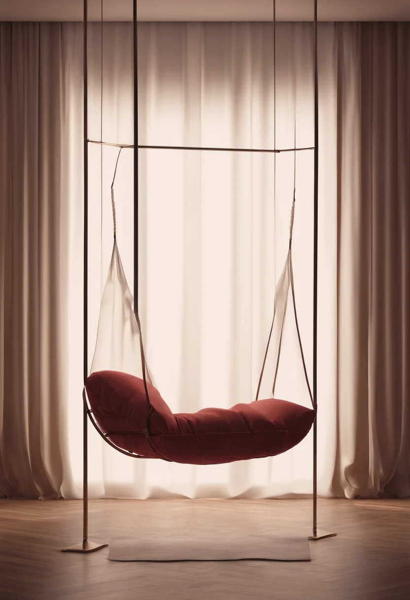 Mockup of a fabric swing on a minimalist burgundy background, with soft shadows and a touch of natural light. Present the product's ergonomic design in a 3D perspective. fashion model photography, hyper modern, glamorous, extremely intricate details, in the style of a movie poster, moulin rouge, intense emotional atmosphere, Cinematic, Photoshoot, Shot on 25mm lens, Depth of Field, Tilt Blur, Shutter Speed 1/1000, F/22, White Balance, 32k, Super-Resolution, Pro Photo RGB, Half rear Lighting, Backlight, Dramatic Lighting, Incandescent, Soft Lighting, Volumetric, Conte-Jour, Global Illumination, Screen Space Global Illumination, Scattering, Shadows, Rough, Shimmering, Lumen Reflections, Screen Space Reflections, Diffraction Grading, Chromatic Aberration, GB Displacement, Scan Lines, Ambient Occlusion, Anti-Aliasing, FKAA, TXAA, RTX, SSAO, OpenGL-Shader’s, Post Processing, Post-Production, Cell Shading, Tone Mapping, CGI, VFX, SFX, insanely detailed and intricate, hyper maximalist, elegant, dynamic pose, photography, volumetric, ultra-detailed, intricate details, super detailed, ambient –uplight –v 4 –q 2