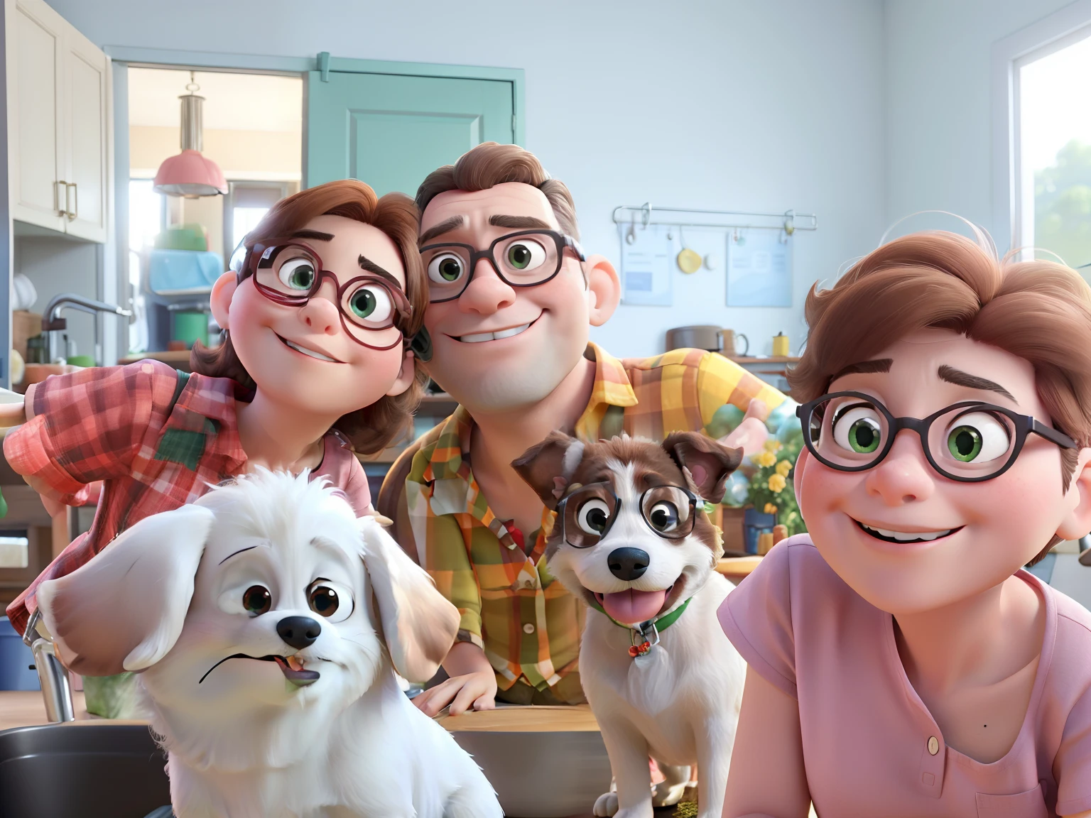 Family with a White Man, 38 anos, cabelos pretos, Red and black shirt wears glasses and green eyes, uma mulher de cabelos castanhos com camisa amarela, A 4--old l with brown hair wearing pink shirt. Dois cachorros um Shitzu e um Poodle. They are in a house with a lot of details. Estilo Pixar