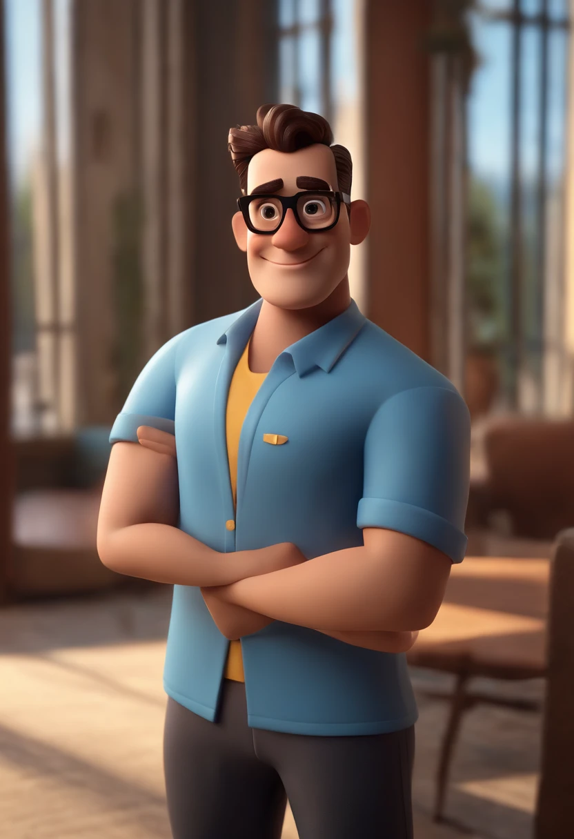 Cartoon character of a man wearing black glasses and a blue shirt, um personagem animado, Caractere estilizado, animation style rendering, 3D estilizado, Arnold Maya render, 3 d render stylized, toon render keyshot, Personagem 3D, Personagem 3D, 3d rendering stylized, 3 d character render, personagem de desenho animado, Personagem de close up, Pose de personagem, (Estilo Pixar) (master part:1.2) (Bokeh) (best quality) (pele detalhada) (textura detalhada) (8k) (argila) (Cinematic lighting) (foco nítido，Senta e vaza a parte superior do corpo