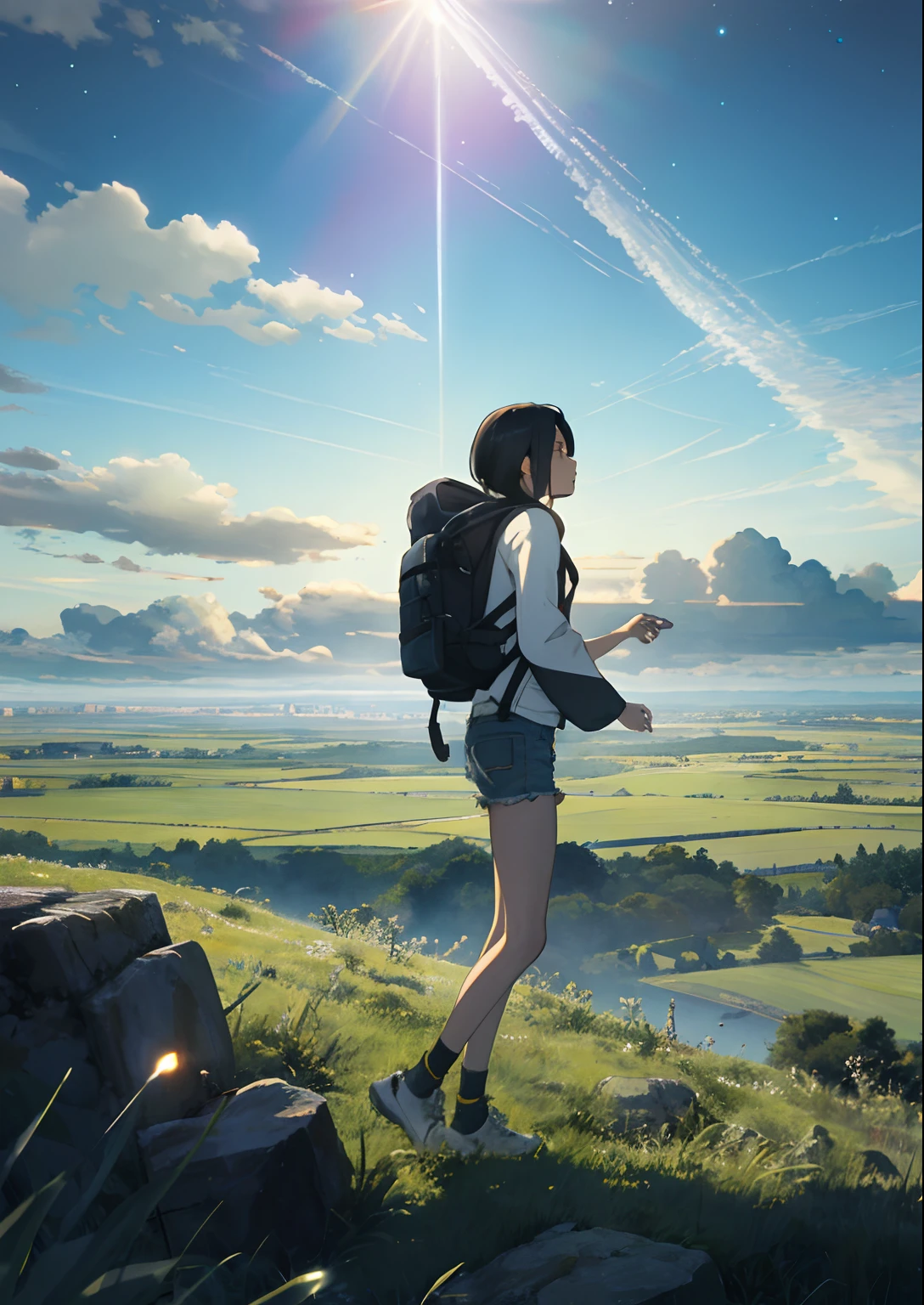 The Vast Sky, Beautiful skyline, Large grasslands, extremely tense and dramatic pictures, the moving visual effects, the high-hanging Polaris, and colorful natural light. A long-sleeved top, Denim shorts, And a black girl with a backpack.