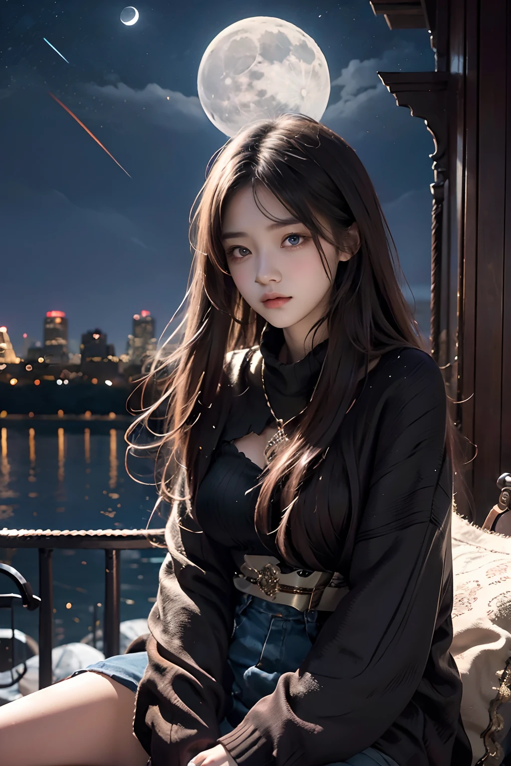 20 yr old girl, beautiful detailed eyes, full moon, sitting, dark background, moonlight, city, masterpiece, best quality, illustration,