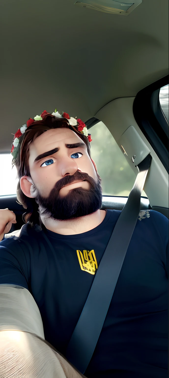 (best quality,realistic,highres:1.2),dark-haired bearded man,sitting inside a car,intense blue eyes,small red and white flower crown on his head,wearing a black t-shirt,serious gaze