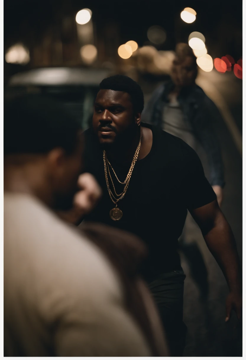 Dramatic, big booty black man, that is 7ft tall, chasing a small skinny white man with blonde hair, at night