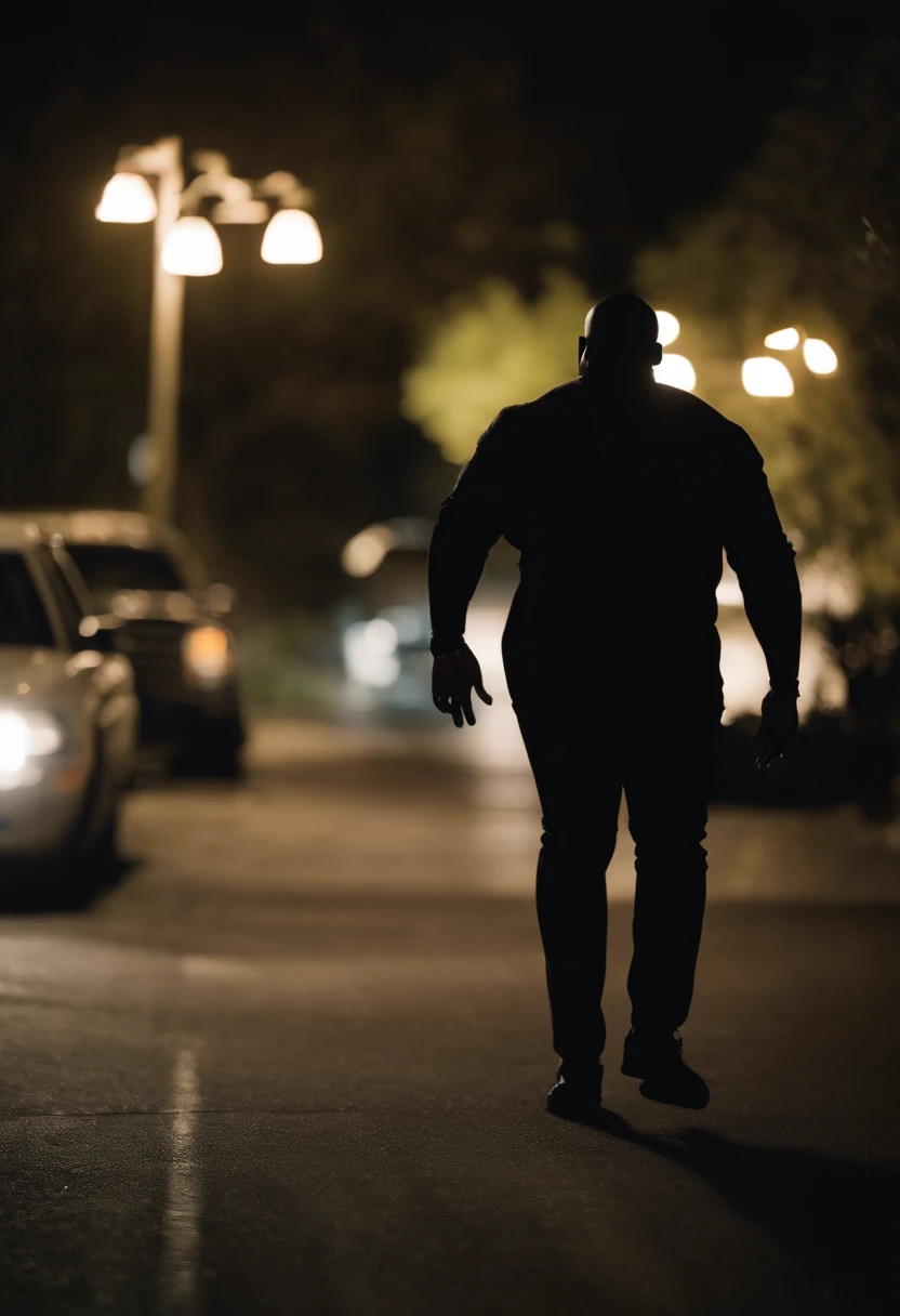 Dramatic, big booty black man, that is 7ft tall, chasing a small skinny white man with blonde hair, at night