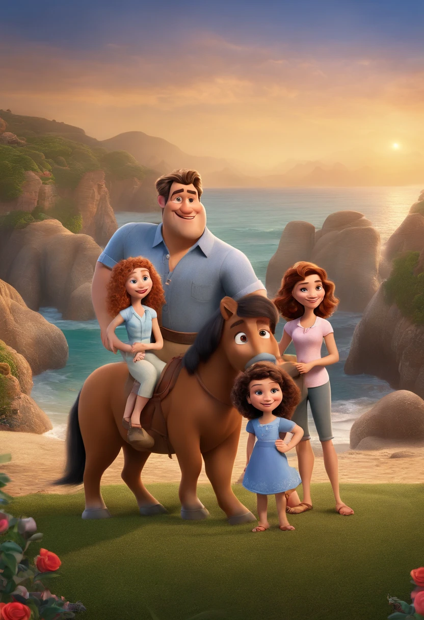 a Disney Pixar movie poster showing a white-skinned family. The father is the tallest, Tem barba curta, loiro, cabelos curtos e espinhosos. The mother has brown eyes and hair, shoulder-length and is slightly overweight. A menina tem 4 anos e cabelos castanhos, roupa rosa e rabos de cavalo. The background is a beach garden. 3D-rendering
