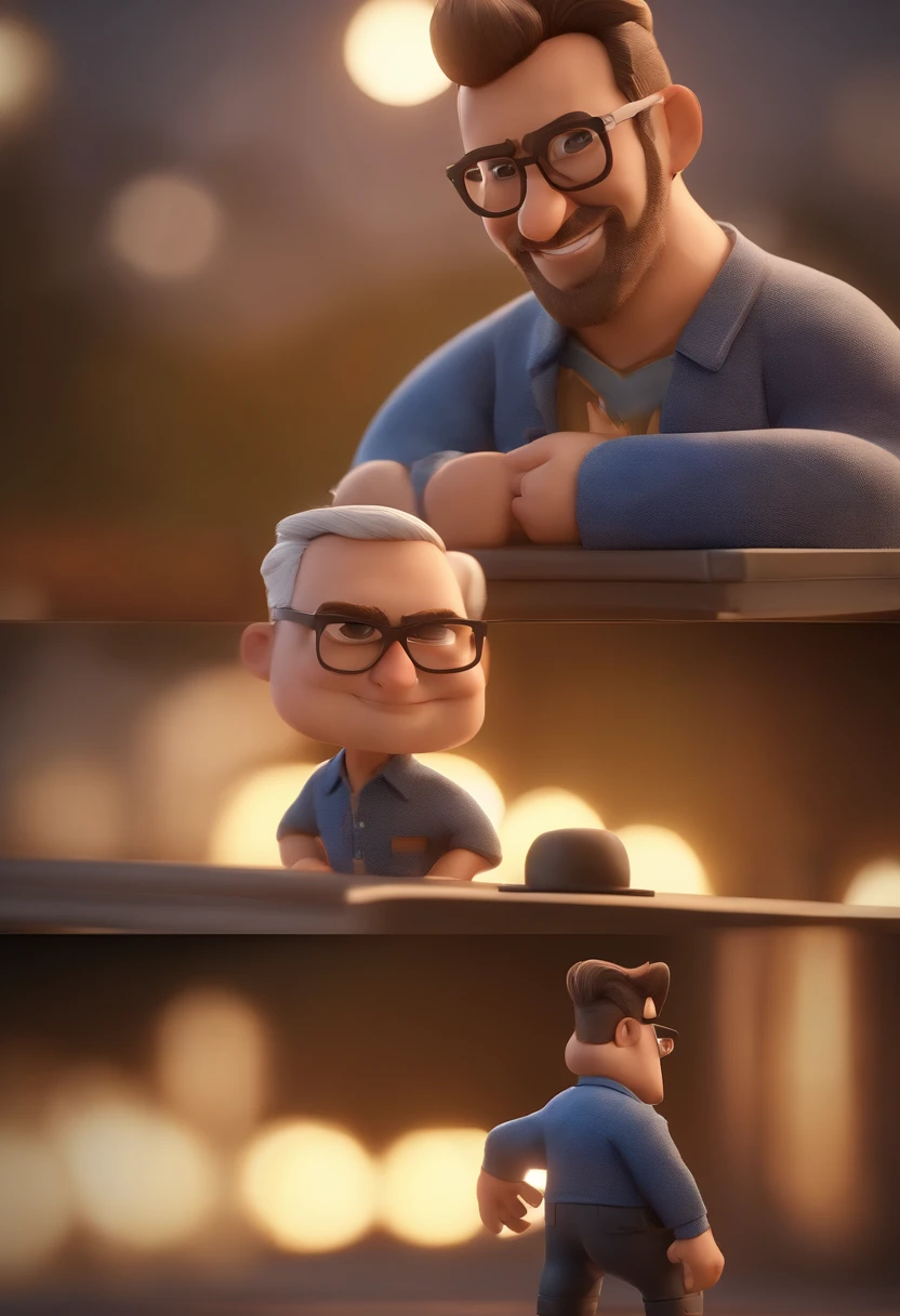 Cartoon character of a man with black glasses, cabelo cacheado marrom escuro e uma camisa azul, animation character, Caractere estilizado, animation style rendering, 3D estilizado, Arnold Maya render, 3 d render stylized, toon render keyshot, Personagem 3D, Personagem 3D, 3d rendering stylized, 3 d character render, personagem de desenho animado, Personagem de close up, Pose de personagem, (Estilo Pixar) (master part:1.2) (Bokeh) (best quality) (pele detalhada) (textura detalhada) (8k) (argila) (Cinematic lighting) (foco nítido
