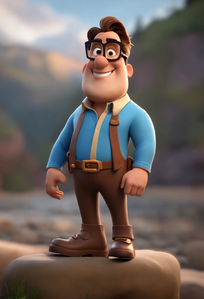 Cartoon character of a man with black glasses, cabelo cacheado marrom escuro e uma camisa azul, animation character, Caractere estilizado, animation style rendering, 3D estilizado, Arnold Maya render, 3 d render stylized, toon render keyshot, Personagem 3D, Personagem 3D, 3d rendering stylized, 3 d character render, personagem de desenho animado, Personagem de close up, Pose de personagem,  (Estilo Pixar) (master part:1.2) (Bokeh) (best quality) (pele detalhada) (textura detalhada) (8k) (argila) (Cinematic lighting) (foco nítido