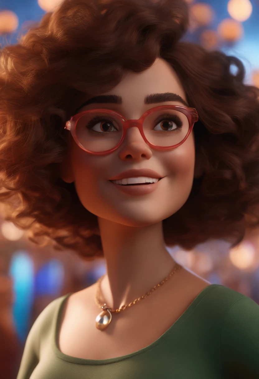 Pixar style image with 3D character white glasses brunette woman short curly hair dancing, Maquiagem Disney,Pescador, bonitinho, sorridente ,Close-up, Pixar, Disney, Cinema lighting,