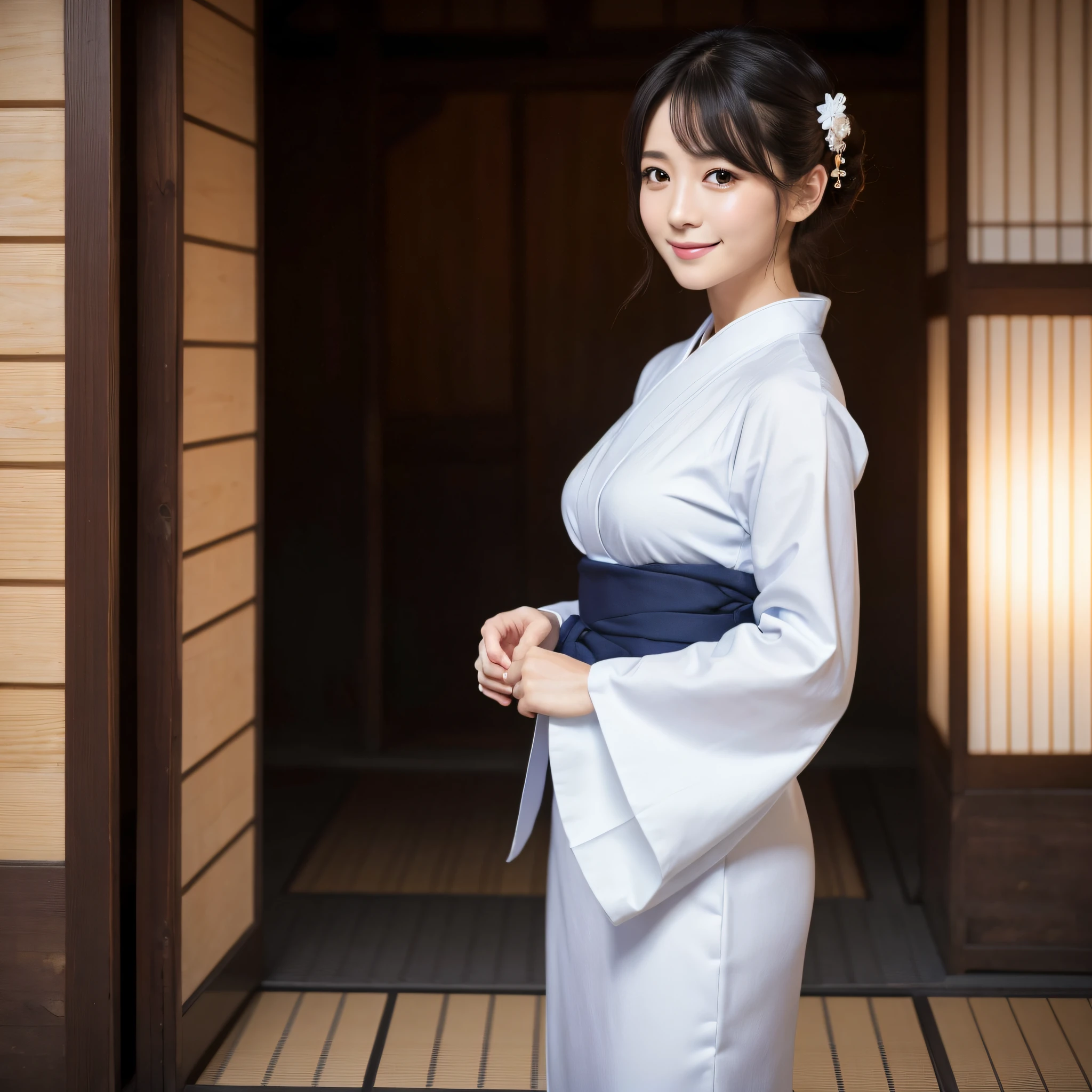 Beautiful woman in neat Japanese clothes、((best qualtiy、8k masterpieces:1.3))、foco nítido:1.2、(ultra beautiful faces:1.0)、(shinny skin:1.0)、photos realistic、A dark-haired、Video Lighting、High-definition eyes and face、Video Lighting、Japan Idol Actress、from the front side、medium breasts、Smile、Slender Abs Beauty、Whole body、In furisode