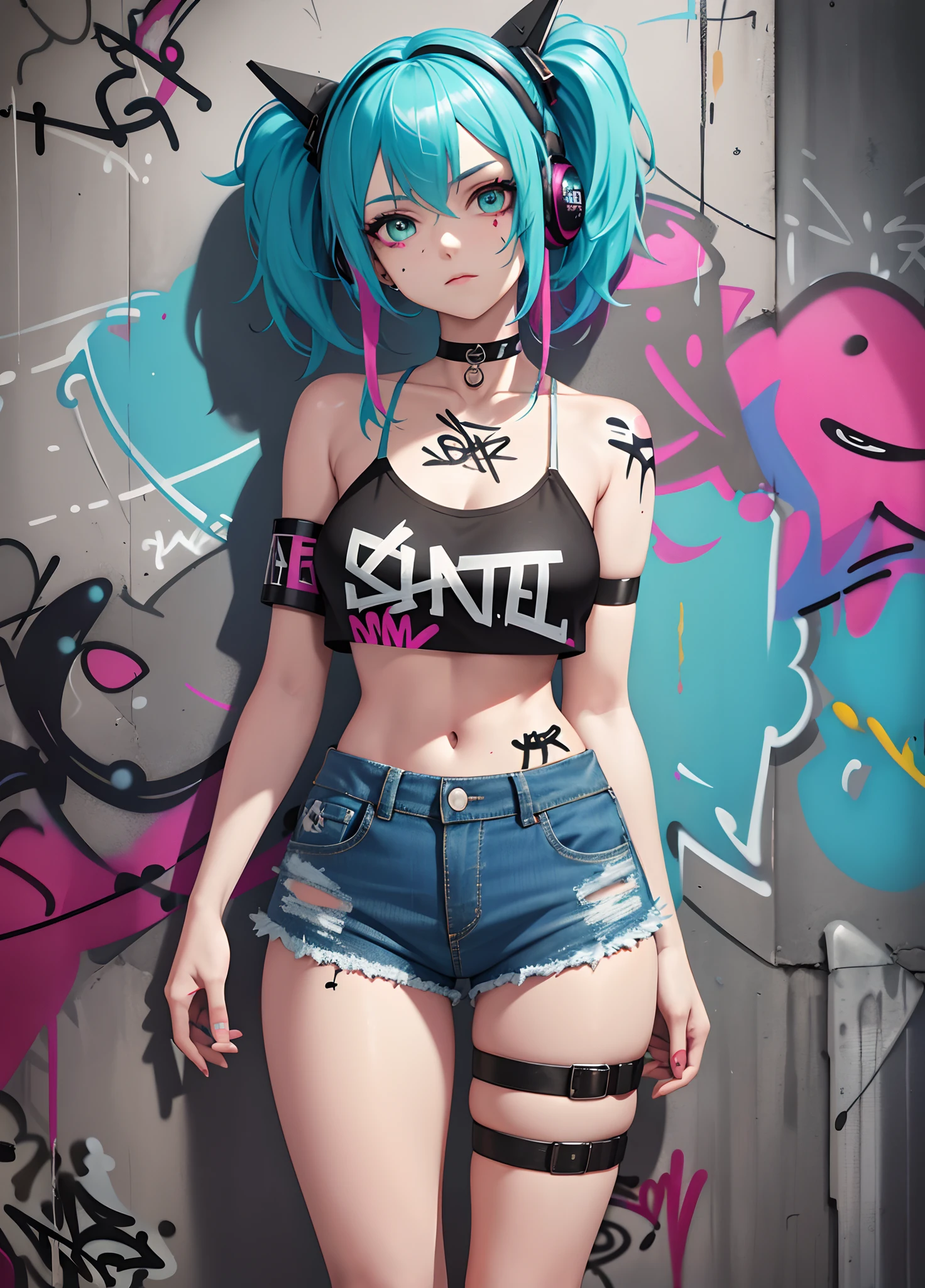 masterpiece, best quality, 1 Girl, Solitary, crop top, Denim shorts, Necklace, (Graffiti:1.5), Paint splatter, Put your hands behind your back, Against the wall, Looking at the audience, armband, Thigh straps, Body paint, Head tilt, boring, Colorful hair, Aqua eyes, earphone,
