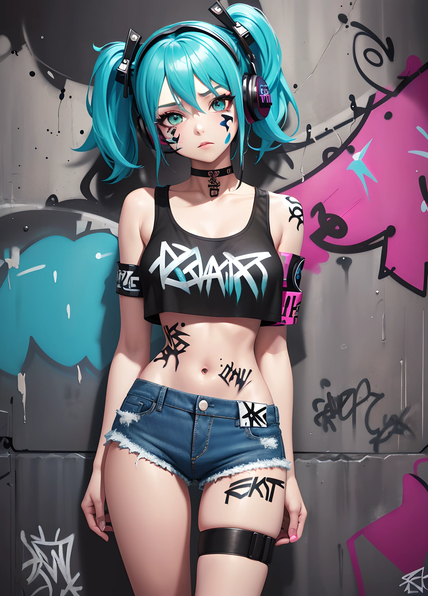 masterpiece, best quality, 1girl, solo, topless, nipples, erect nipples, navel, denim shorts, choker, (graffiti:1.5), paint splatter, arms behind back, against wall, looking at viewer, armband, thigh strap, paint on body, head tilt, bored, multicolored hair, aqua eyes, headset, sweat, nipple piercing, long tongue, open mouth, tongue out, ahegao