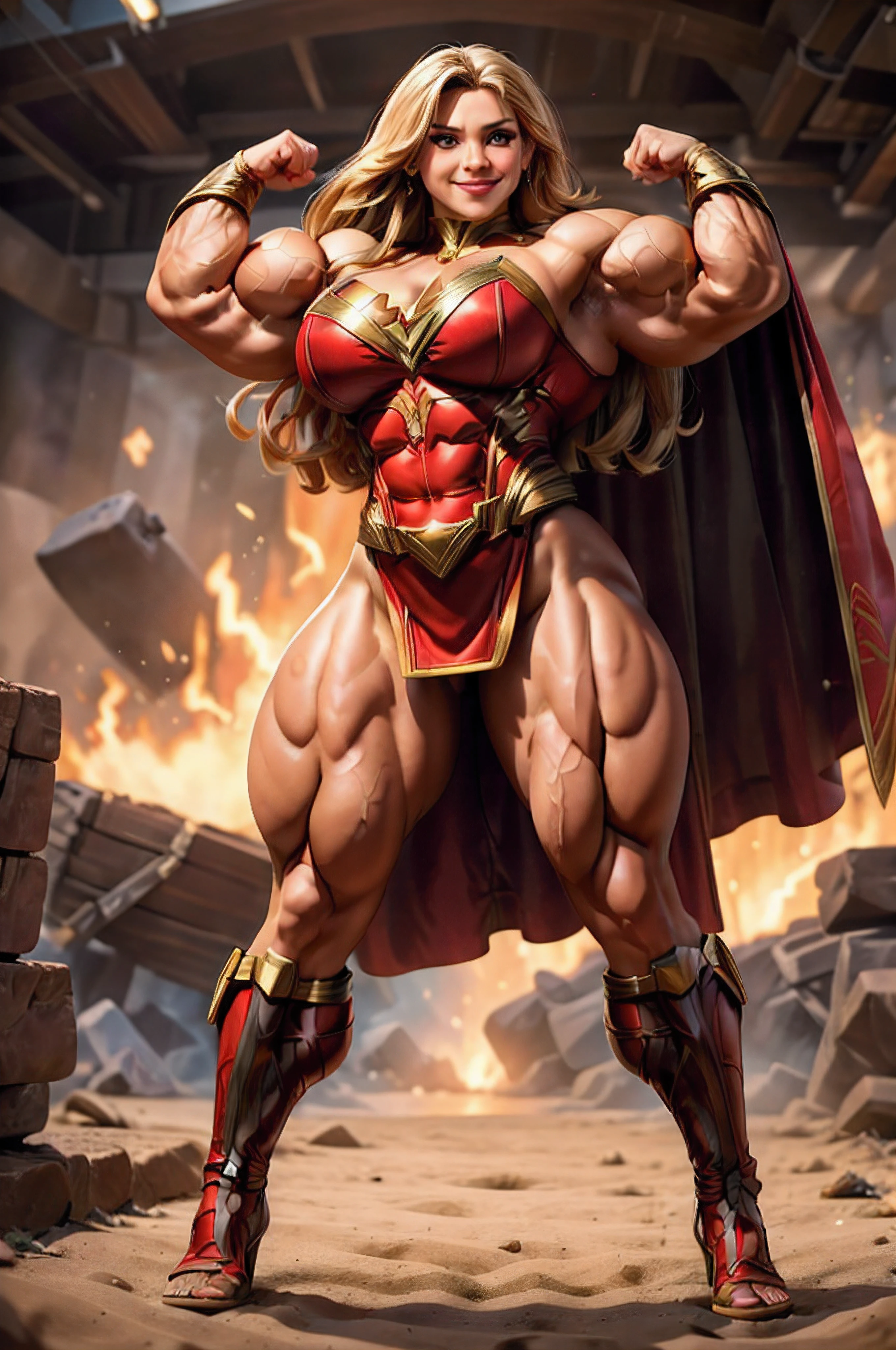 best quality,4k,8k, high res, masterpiece:1.2),ultra-detailed, realistic, photorealistic:1.37, dynamic, action-filled background, bombshell young version of Cameron Diaz cosplaying as Supergirl, Black and gold uniform, Flowing red cape, Hyper muscular, incredible muscle, fun, charismatic, detailed eyes, detailed lips, beautiful engaging smile, sexy and confident