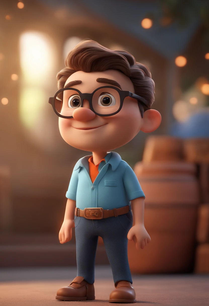 Cartoon character of a man with black glasses and a blue shirt, animation character, Caractere estilizado, animation style rendering, 3D estilizado, Arnold Maya render, 3 d render stylized, toon render keyshot, Personagem 3D, Personagem 3D, 3d rendering stylized, 3 d character render, personagem de desenho animado, Personagem de close up, Pose de personagem,  (Estilo Pixar) (master part:1.2) (Bokeh) (best quality) (pele detalhada) (textura detalhada) (8k) (argila) (Cinematic lighting) (foco nítido