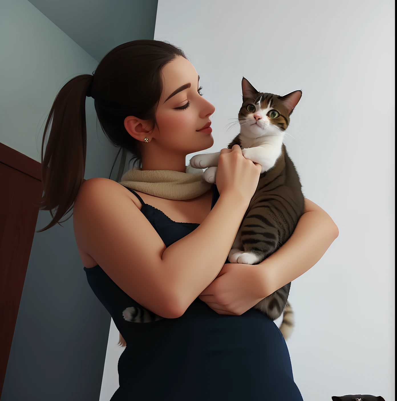 Woman holding a cat in her arms in a room, she is holding a cat in her arms, bochechas grandes segurando seu gato, segurando um gato, mulher e gato, com gatos ao seu lado, Directed by: Nandor Soldier, Woman / cat hybrid, com gato pequeno no colo, gatos do lado dela, there is a cat next to her
