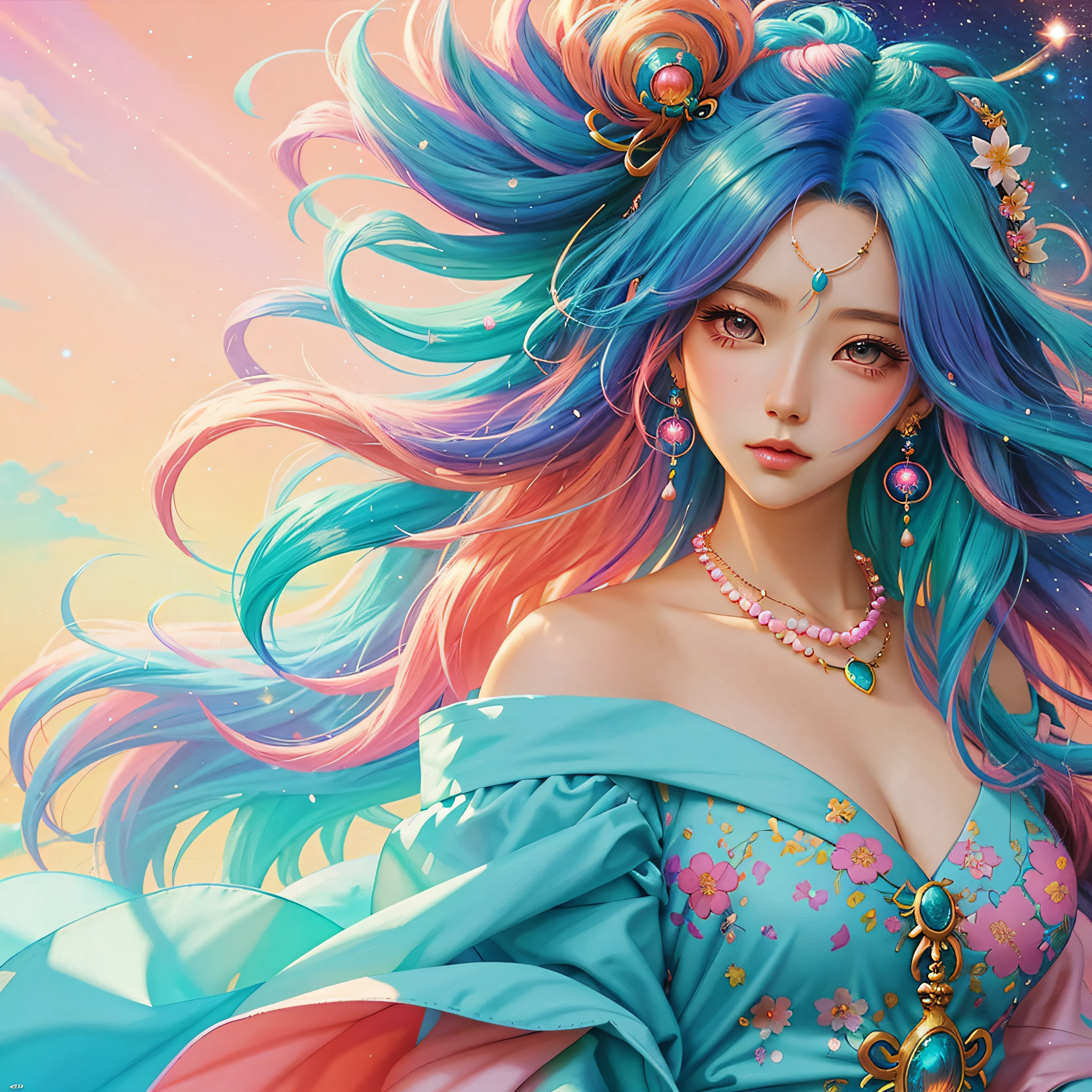 Close-up of a woman with colorful hair and necklace, anime girl with cosmic hair, Rossdraws' soft vibrancy, Gouviz-style artwork, fantasy art style, colorful]", vibrant fantasy style, Rossdraws cartoon vibrant, colorful, Guweiz, colorful digital fantasy art, stunning art style, beautiful anime style, glowing hair