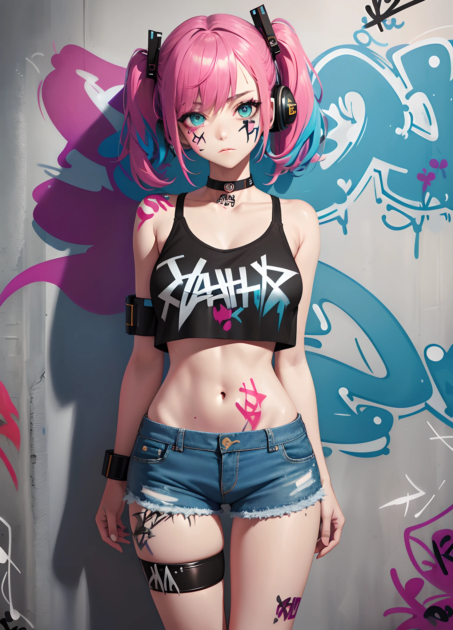 masterpiece, best quality, 1girl, solo, crop top, denim shorts, choker, (graffiti:1.5), paint splatter, arms behind back, against wall, looking at viewer, armband, thigh strap, paint on body, head tilt, bored, multicolored hair, aqua eyes, headset,