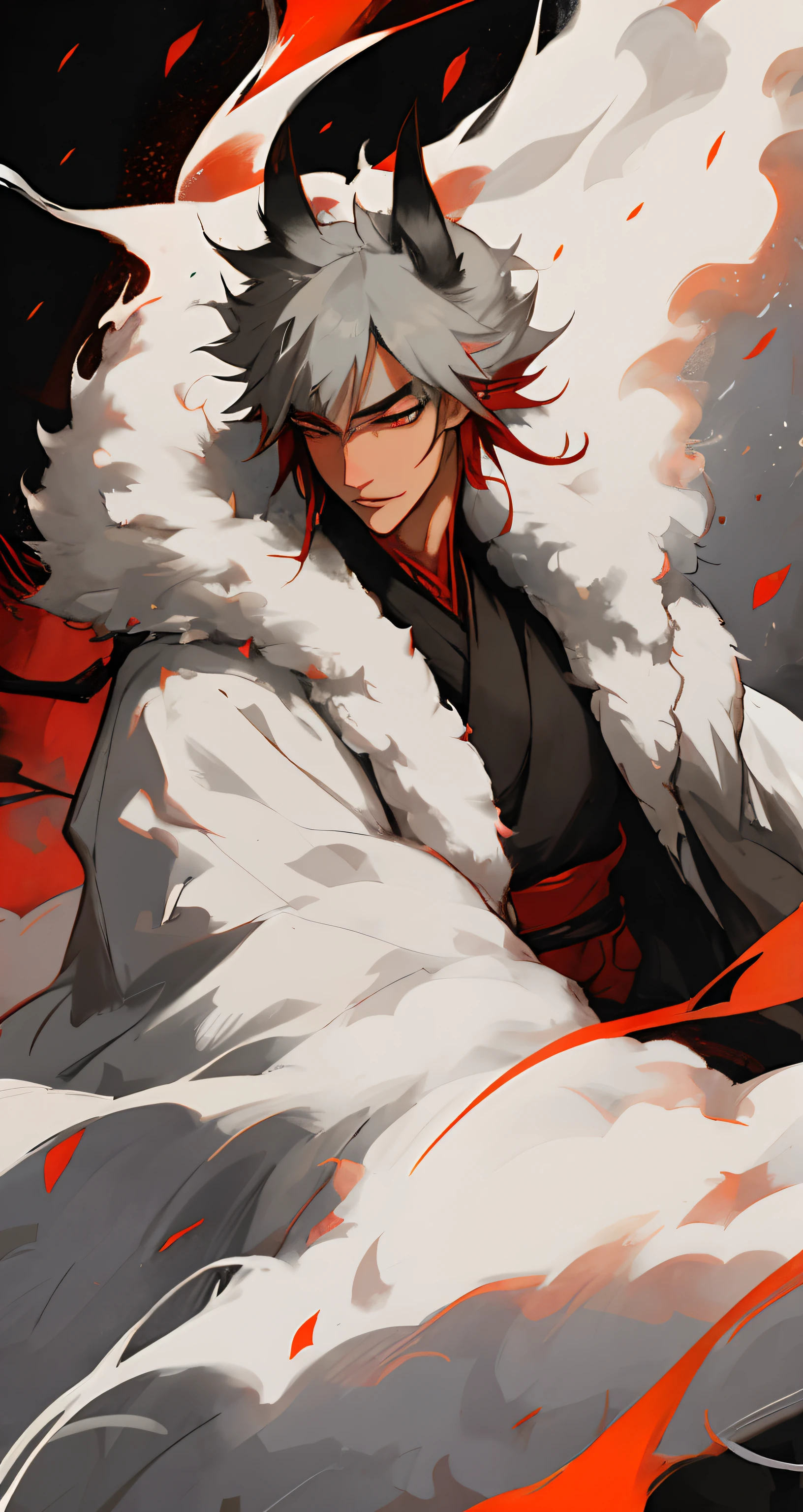 male, Kitsune,Gray-whiteshort hair,Big fox ears,Fluffy tail,Cold and sharp eyes,Long eyelashes,Slim yet strong body, Red traditional japanese eye makeup,Smoke following him, black with red details kimono,bishounen, beautiful man, serious