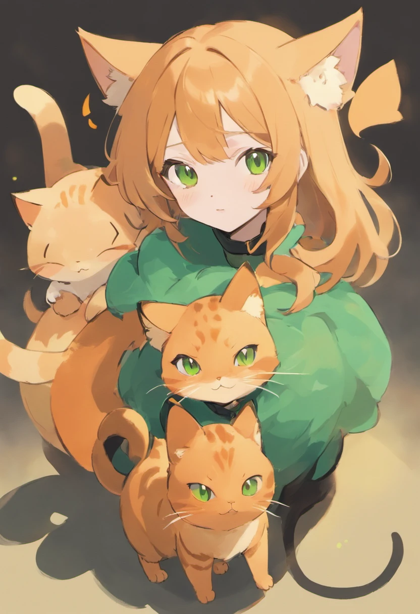 A woman with dark blond hair with greenish brown eyes with an all-orange medium-sized green-eyed cat and another dark gray dark green-eyed cat with small size