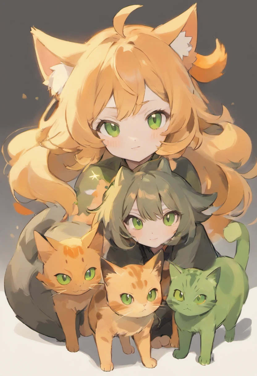 A woman with dark blond hair with greenish brown eyes with an all-orange medium-sized green-eyed cat and another dark gray dark green-eyed cat with small size