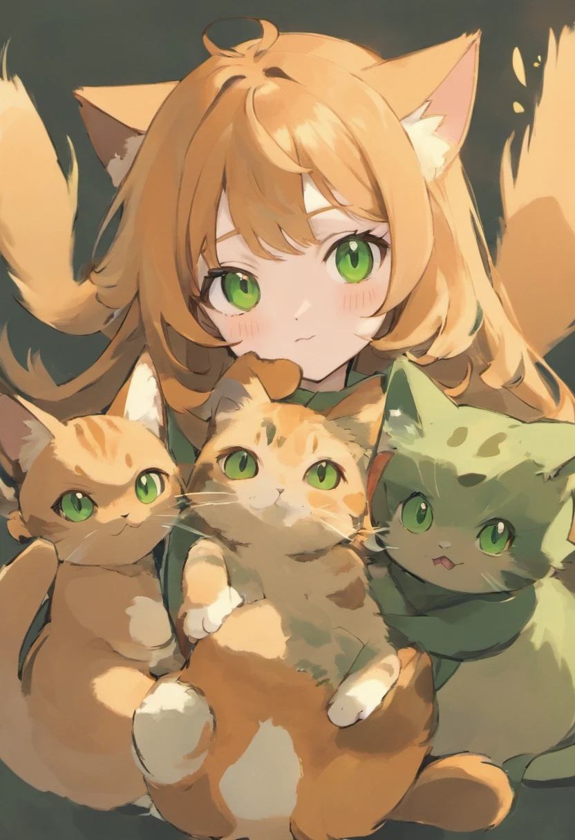 A woman with dark blond hair with greenish brown eyes with an all-orange medium-sized green-eyed cat and another dark gray dark green-eyed cat with small size