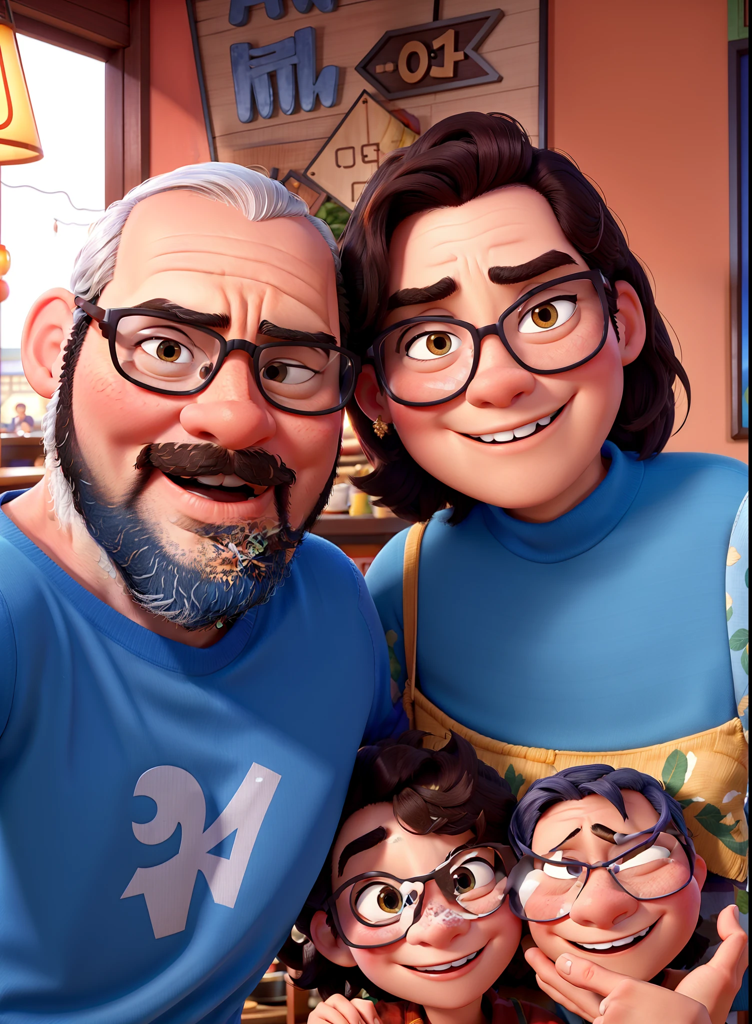 Pixar movie poster of a couple of young lovers taking a picture in Chinese restaurant. A menina tem cabelos claros e olhos castanhos, o menino tem bigode, Beard and glasses