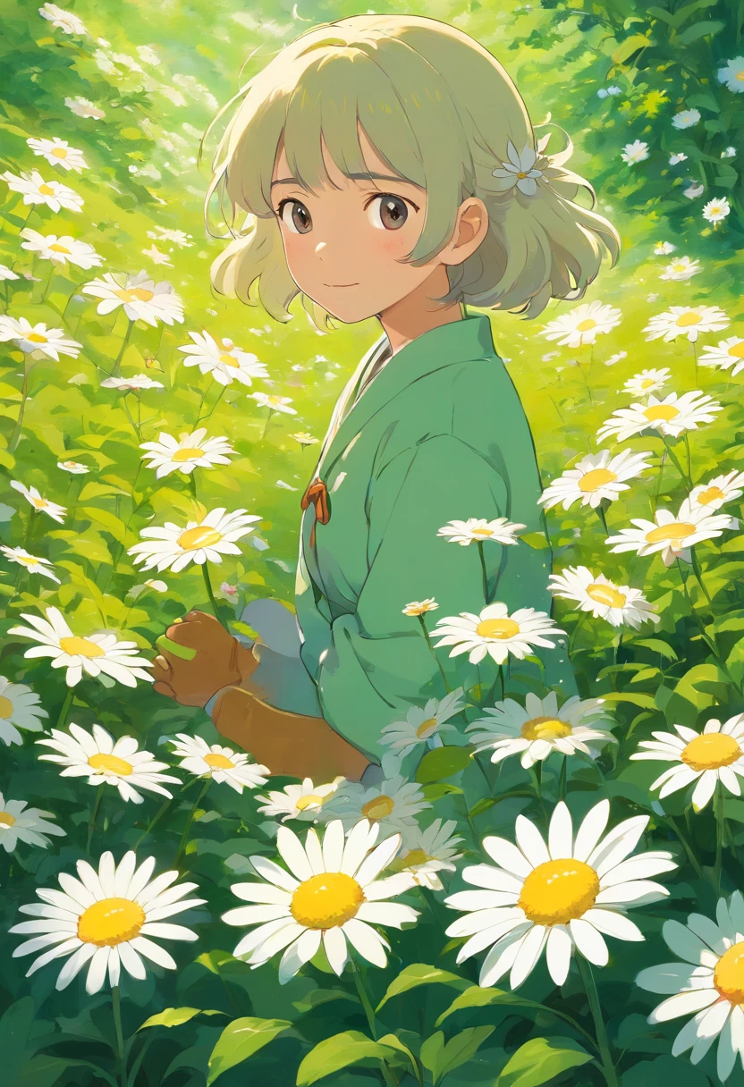 Generate an image showcasing a dense cluster of daisies in full bloom. The daisies should have bright white petals and distinct yellow centers. Illuminate them with soft sunlight to make the petals appear luminescent against a contrasting backdrop of dark green leaves. The overall scene should be densely packed, giving the impression of an endless sea of flowers. Lighting effects should be carefully employed to highlight the textures and details of the petals and to create a radiant glow around each flower. Aim for a visual representation that evokes feelings of freshness, tranquility, and the serene beauty of nature.