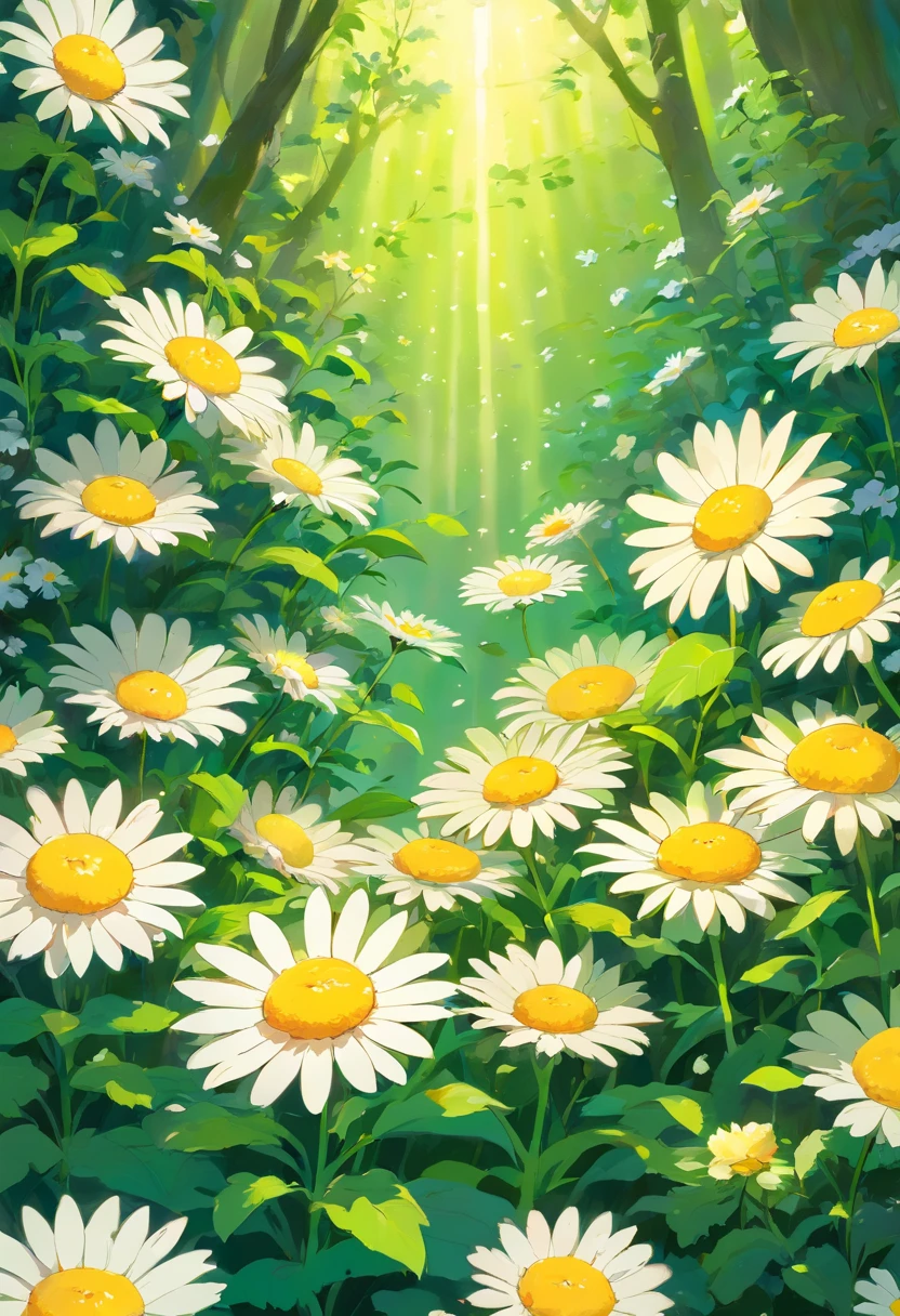 Generate an image showcasing a dense cluster of daisies in full bloom. The daisies should have bright white petals and distinct yellow centers. Illuminate them with soft sunlight to make the petals appear luminescent against a contrasting backdrop of dark green leaves. The overall scene should be densely packed, giving the impression of an endless sea of flowers. Lighting effects should be carefully employed to highlight the textures and details of the petals and to create a radiant glow around each flower. Aim for a visual representation that evokes feelings of freshness, tranquility, and the serene beauty of nature.