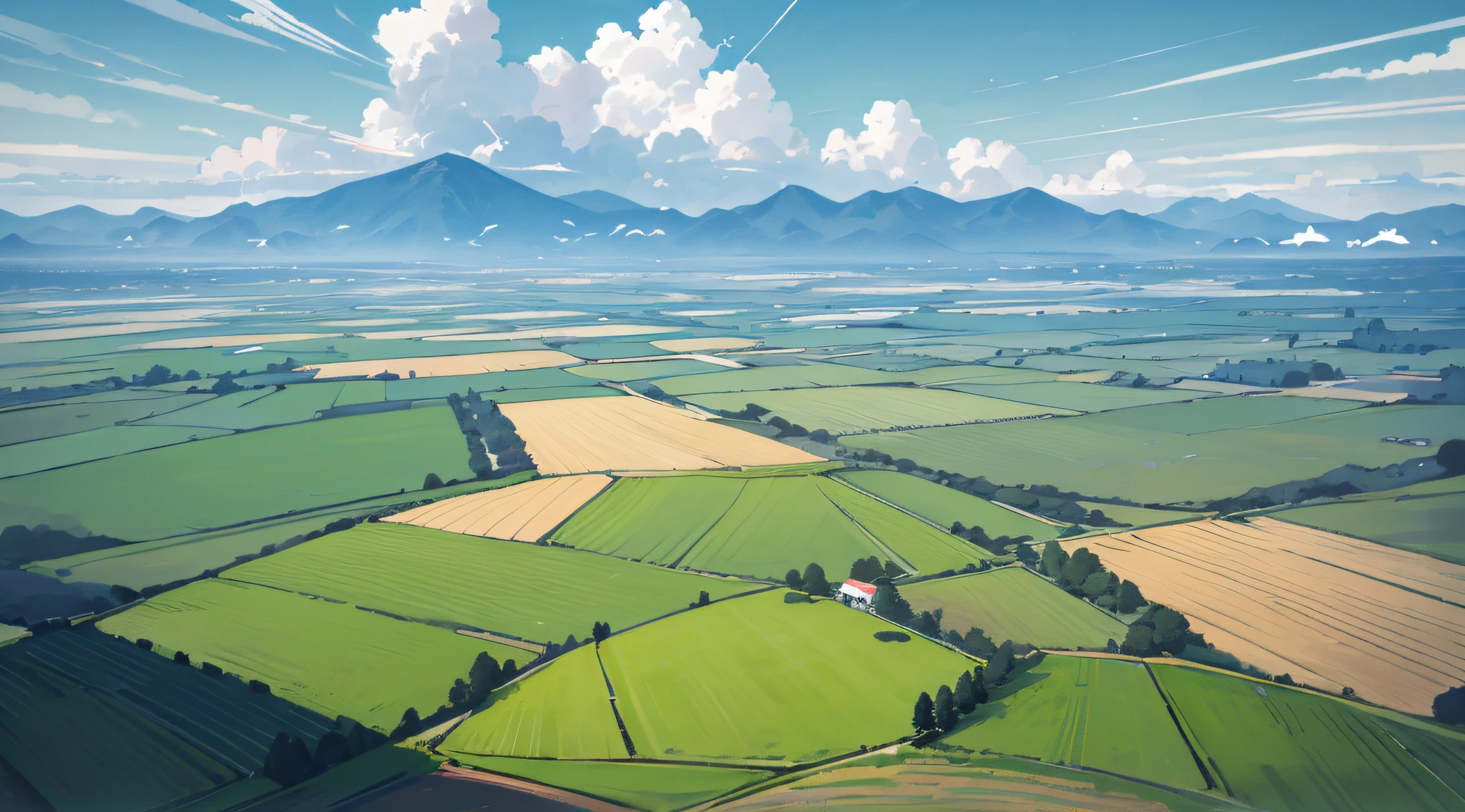Poster design, the wind gently blows through the green grass, and in the distance is a large area of neatly arranged farmland, as well as mountains, the sky is very blue, a large beautiful cloud, and migratory birds fly by in the sky