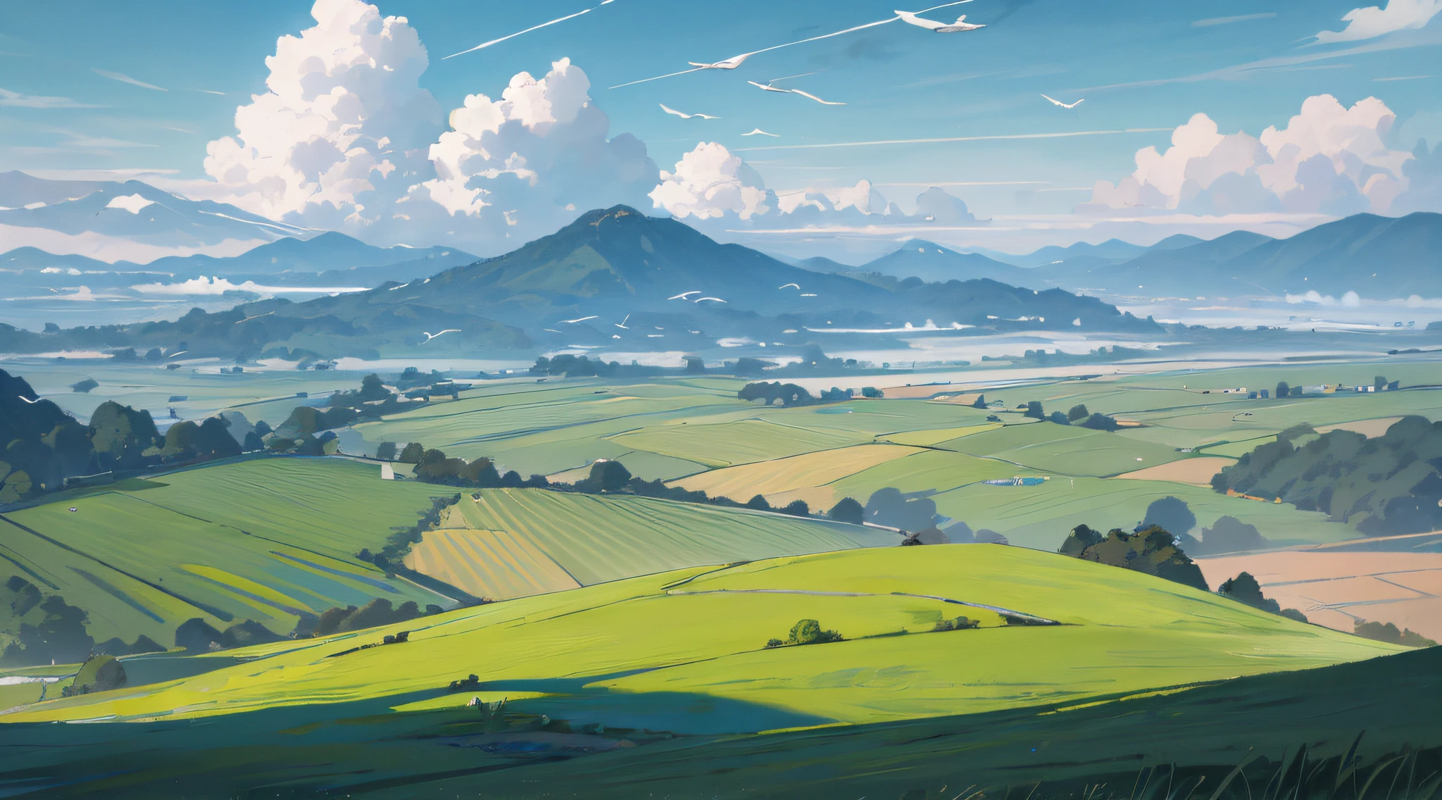 Poster design, the wind gently blows through the green grass, and in the distance is a large area of neatly arranged farmland, as well as mountains, the sky is very blue, a large beautiful cloud, and migratory birds fly by in the sky