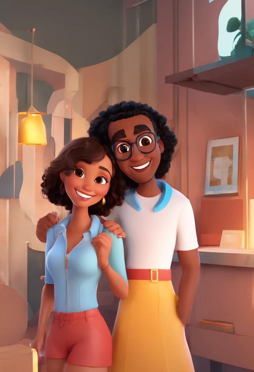 An illustration of an adorable couple, Highlight for a chubby mulatto man with glasses smiling and a brunette woman with beautiful expressive eyes - the man's skin is mulatto and the man's hair haswhile the woman's skin is black and the woman's hair is straight and brown. They are a bright room, cada um com um sorriso no rosto, e compartilhar um momento especial caracterizado pelo amor, Insights. Illustrate this scene from a perspective where they are facing the camera, Smiling and Showing Your Connection. Desenvolva esta arte em Full HD, Focus on your cinematic touch, Estilo Disney Pixar Animations