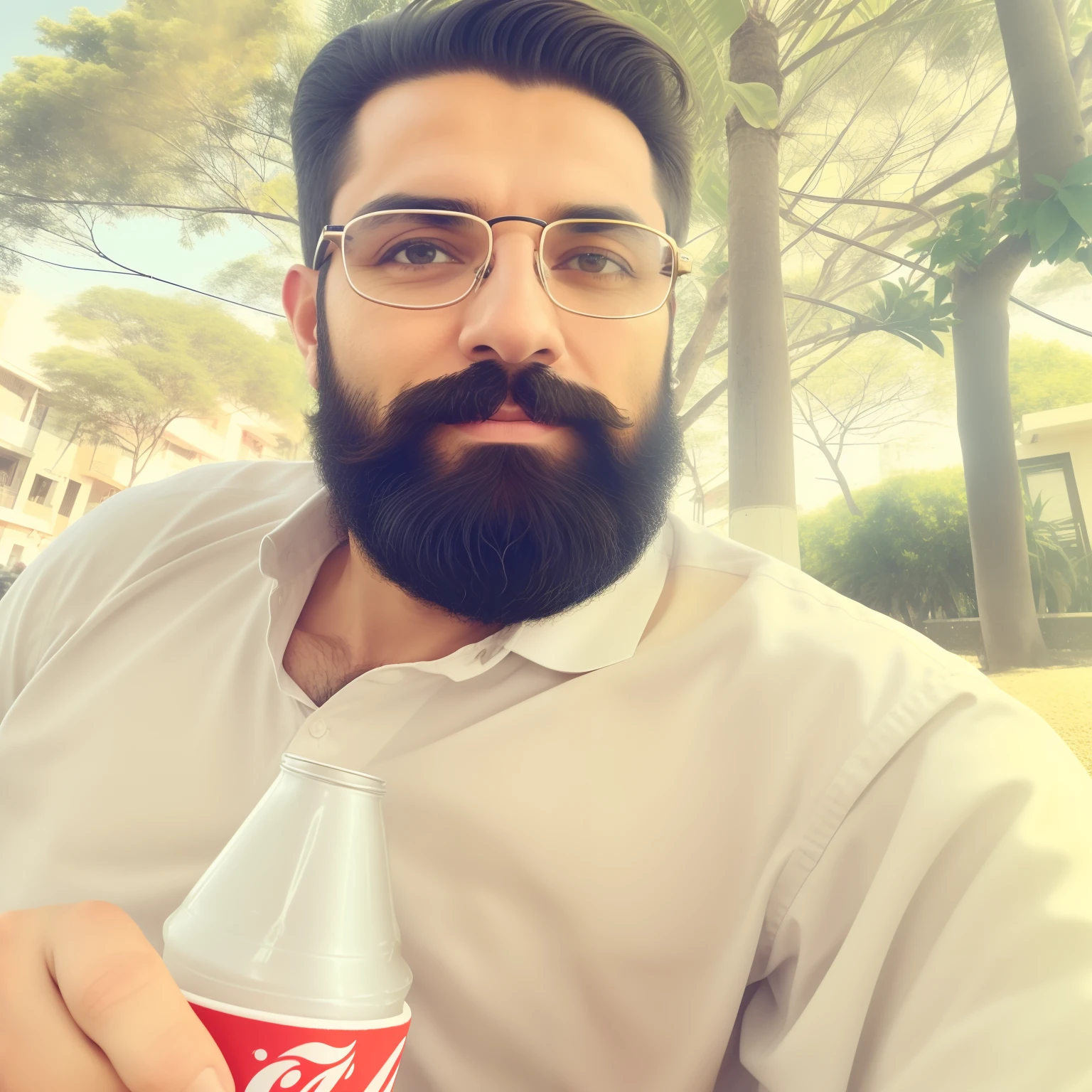 There's a man with a beard and glasses holding a soda, david rios ferreira, edu souza, icaro carvalho, Homem de 4 0 anos, Emad Mostaque, inspired by Antônio Parreiras, selfie de um homem, Henry Alvim Correa, com um canudo, segurando uma bebida